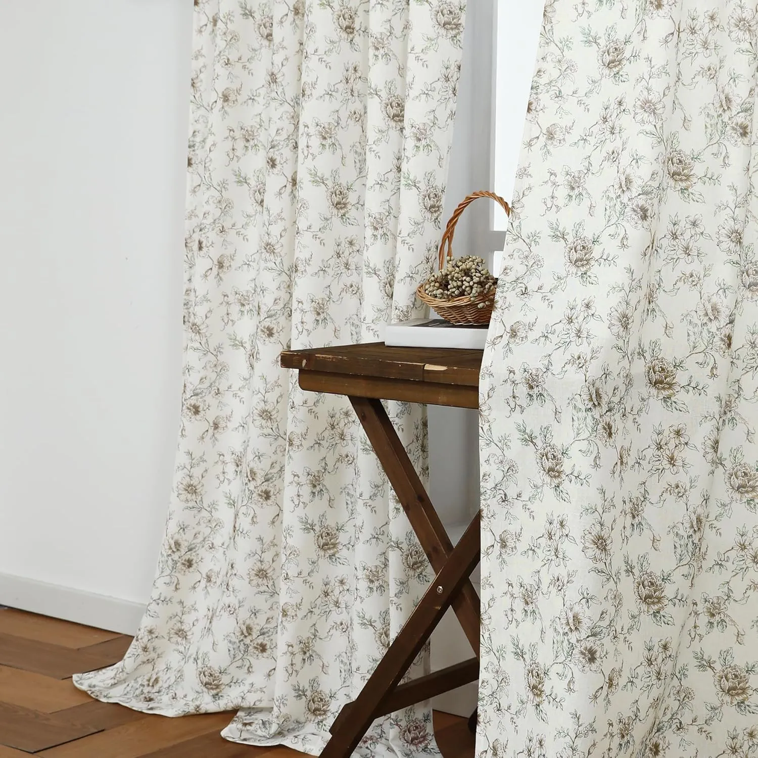 Farmhouse Curtains for Living Room,Brown Linen Vintage Floral Patterned Rustic Farm House Sheer Summer Curtains 84 Inch Length 2 Panels Set