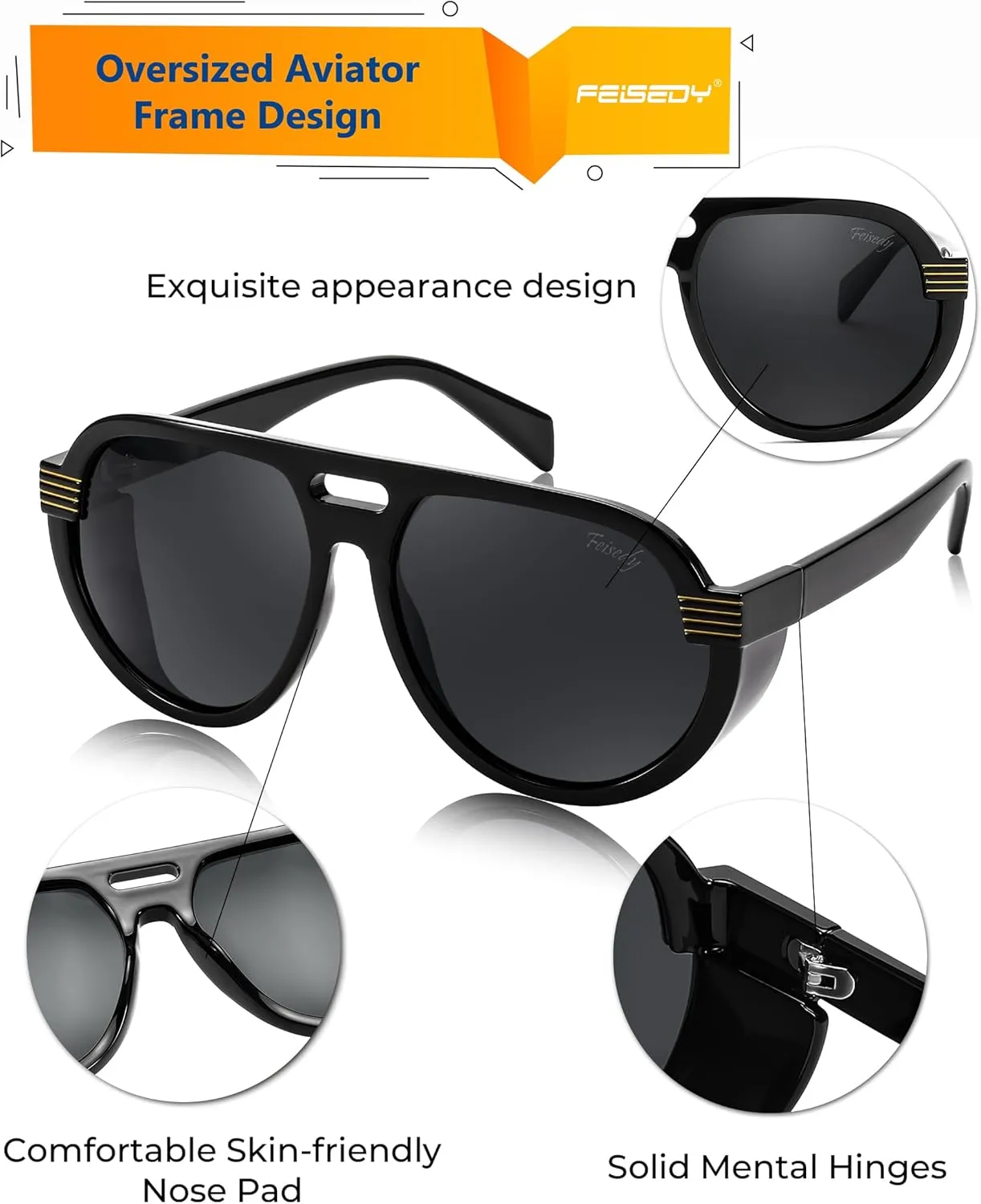 FEISEDY Steampunk with Side Shields Aviator Sunglasses for Men Women 80s Retro Flat Top Oversized Polarized Shades B0096