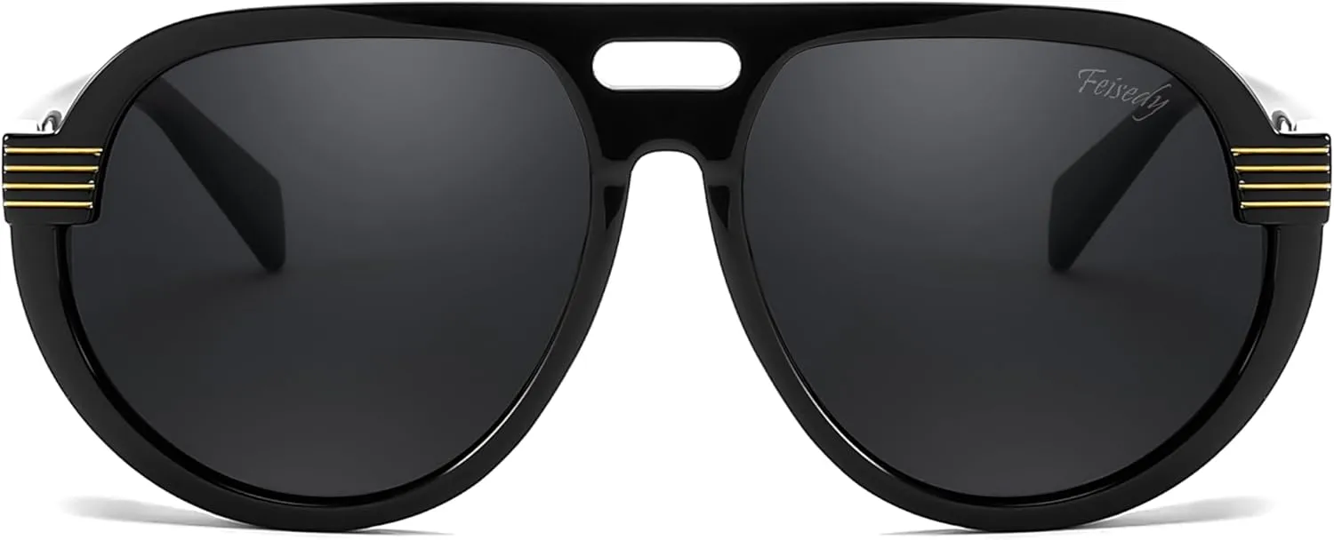 FEISEDY Steampunk with Side Shields Aviator Sunglasses for Men Women 80s Retro Flat Top Oversized Polarized Shades B0096