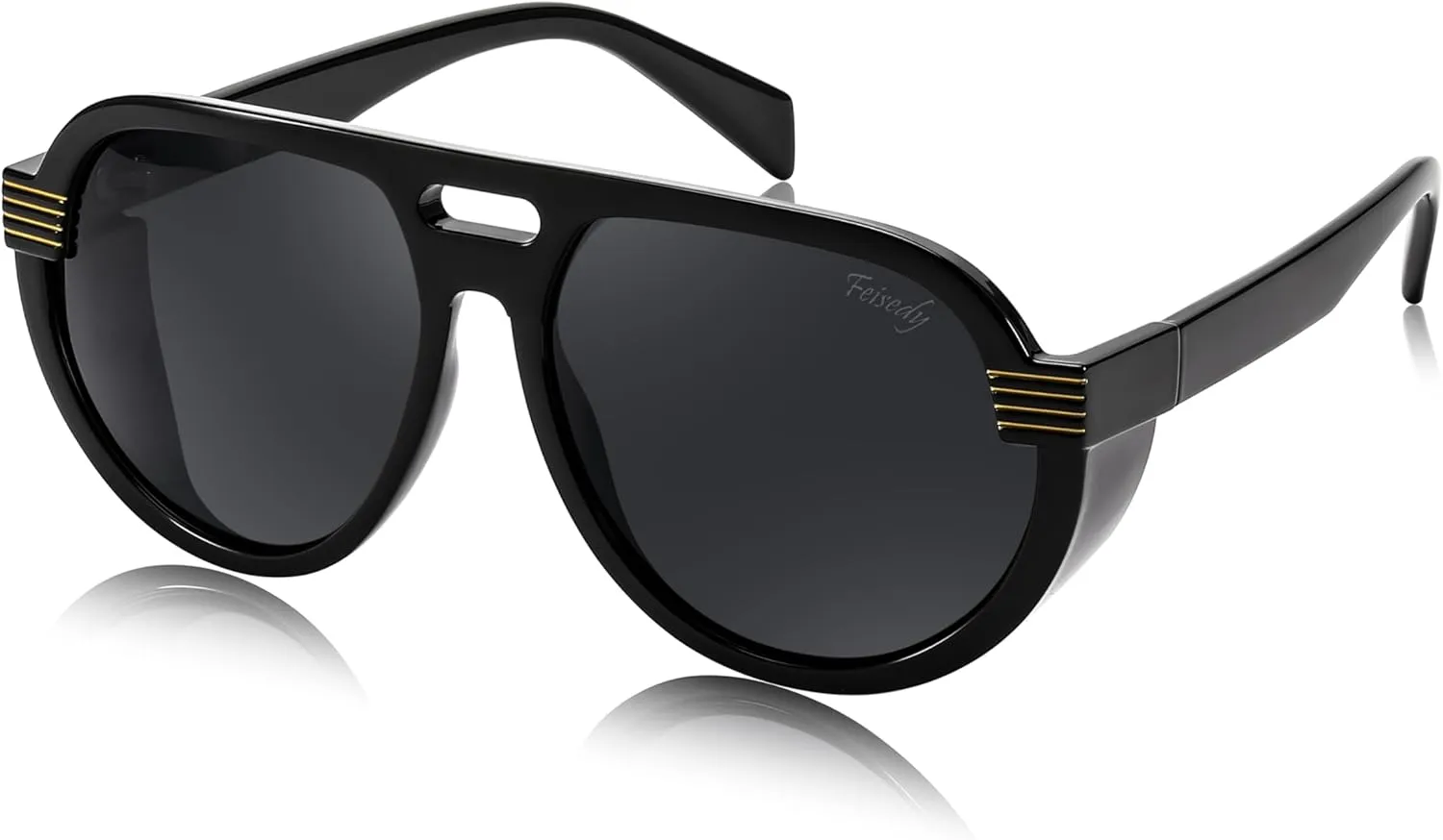 FEISEDY Steampunk with Side Shields Aviator Sunglasses for Men Women 80s Retro Flat Top Oversized Polarized Shades B0096