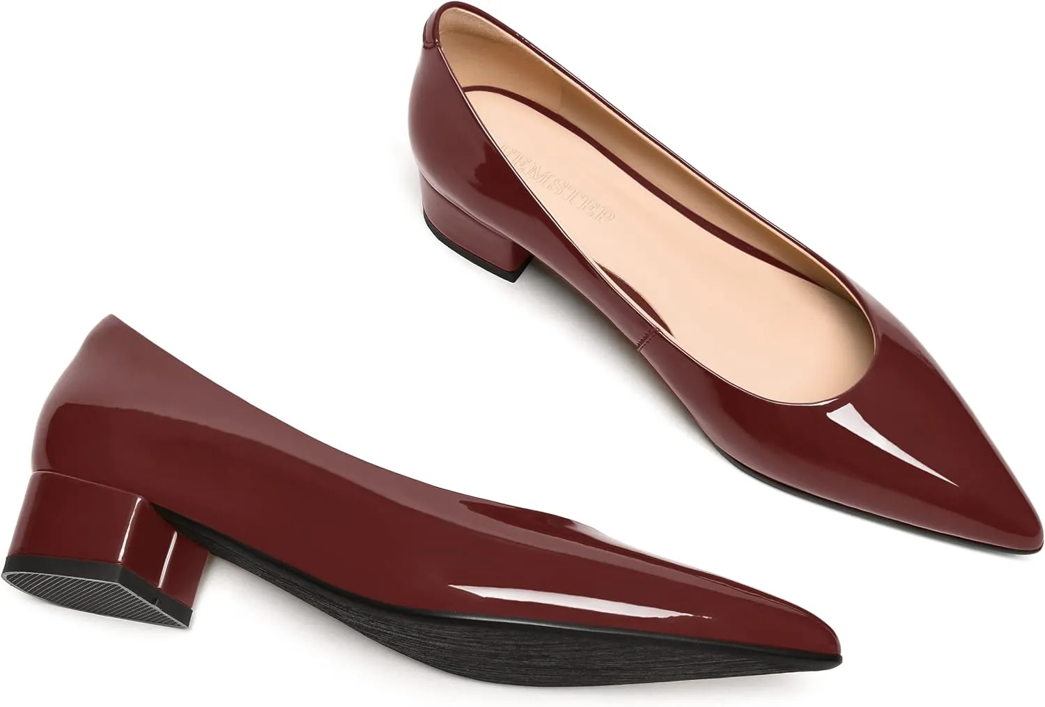 FEMSTEP Women's Low Heels Pointed Toe Casual Patent Leather Slip On Chunky Pumps Shoes 1.5 Inch