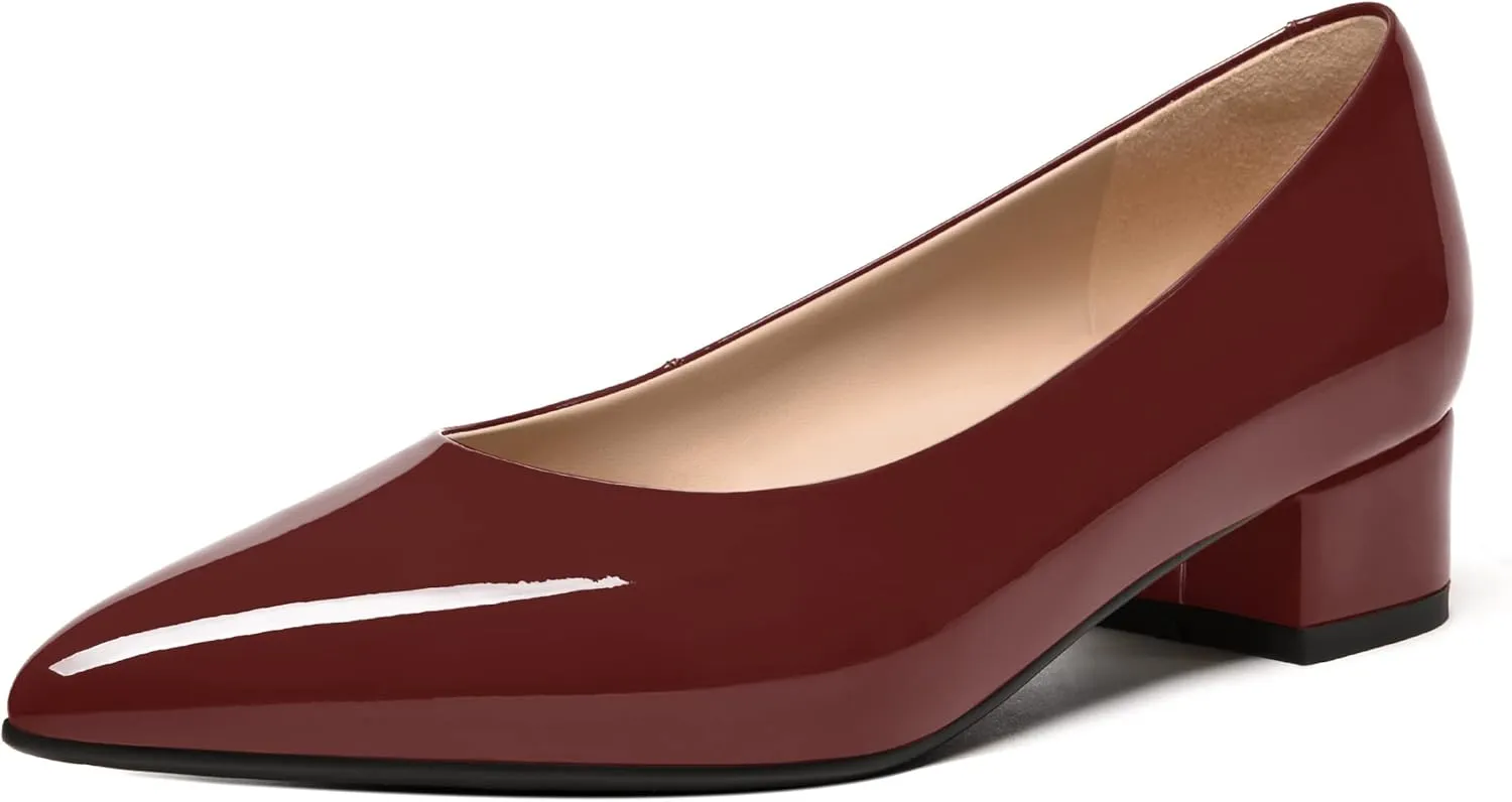 FEMSTEP Women's Low Heels Pointed Toe Casual Patent Leather Slip On Chunky Pumps Shoes 1.5 Inch
