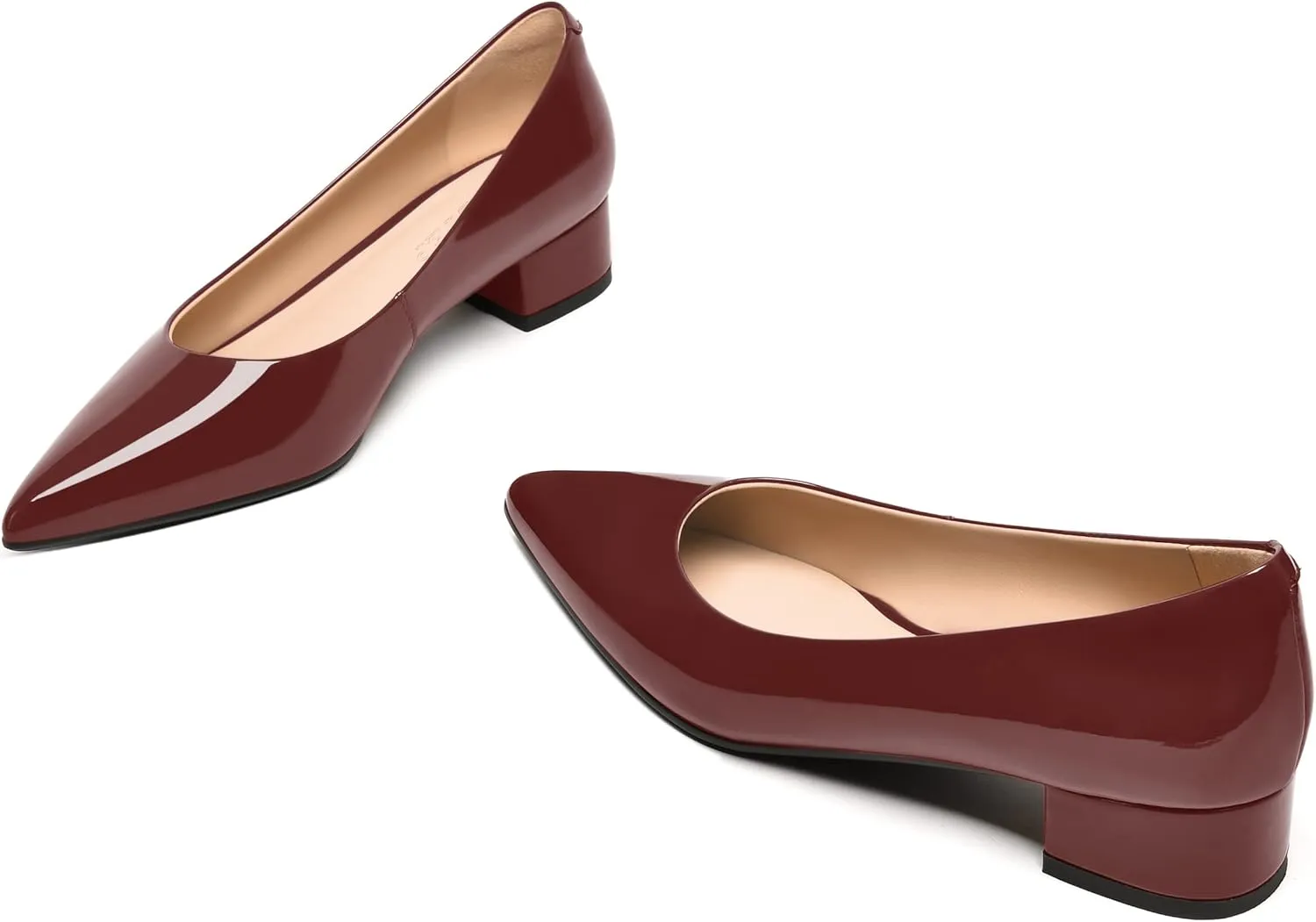 FEMSTEP Women's Low Heels Pointed Toe Casual Patent Leather Slip On Chunky Pumps Shoes 1.5 Inch