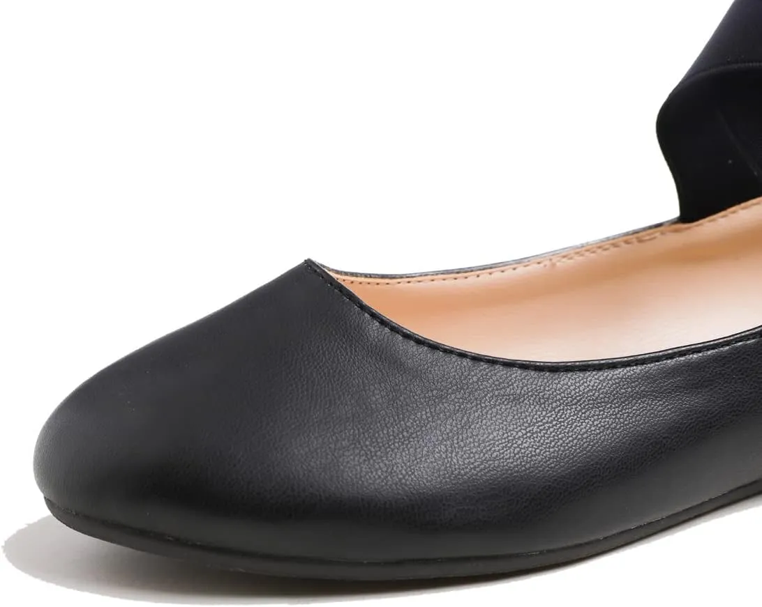 FEVERSOLE Women's Fashion Elastic Ankle Strap Shoes Round Toe Ballet Flat