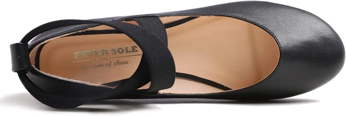 FEVERSOLE Women's Fashion Elastic Ankle Strap Shoes Round Toe Ballet Flat