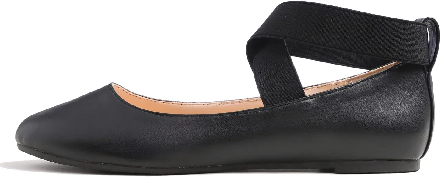 FEVERSOLE Women's Fashion Elastic Ankle Strap Shoes Round Toe Ballet Flat