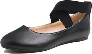 FEVERSOLE Women's Fashion Elastic Ankle Strap Shoes Round Toe Ballet Flat