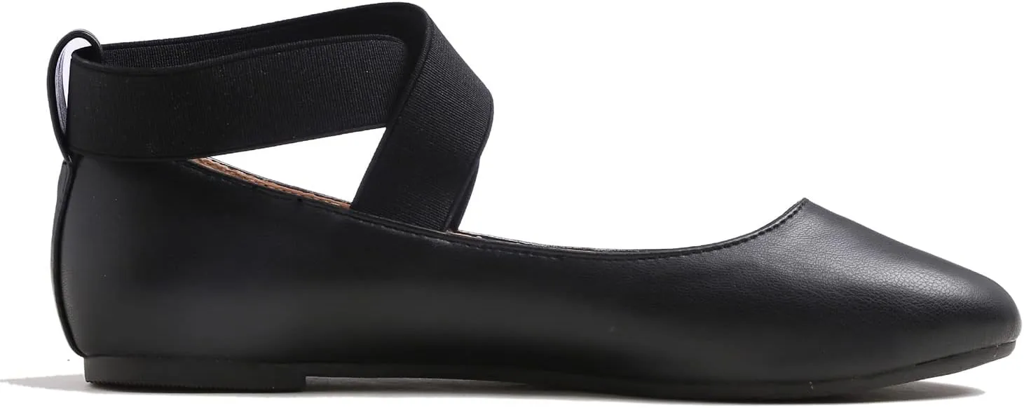 FEVERSOLE Women's Fashion Elastic Ankle Strap Shoes Round Toe Ballet Flat