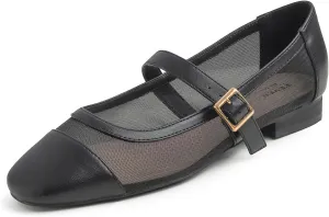 FEVERSOLE Women's Mary Jane Fashion Square Toe Easy Buckle Low Heel Slip On Flats