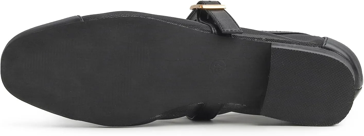 FEVERSOLE Women's Mary Jane Fashion Square Toe Easy Buckle Low Heel Slip On Flats