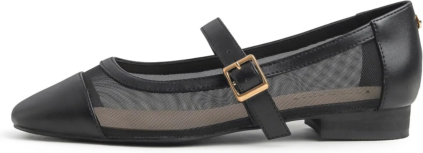 FEVERSOLE Women's Mary Jane Fashion Square Toe Easy Buckle Low Heel Slip On Flats