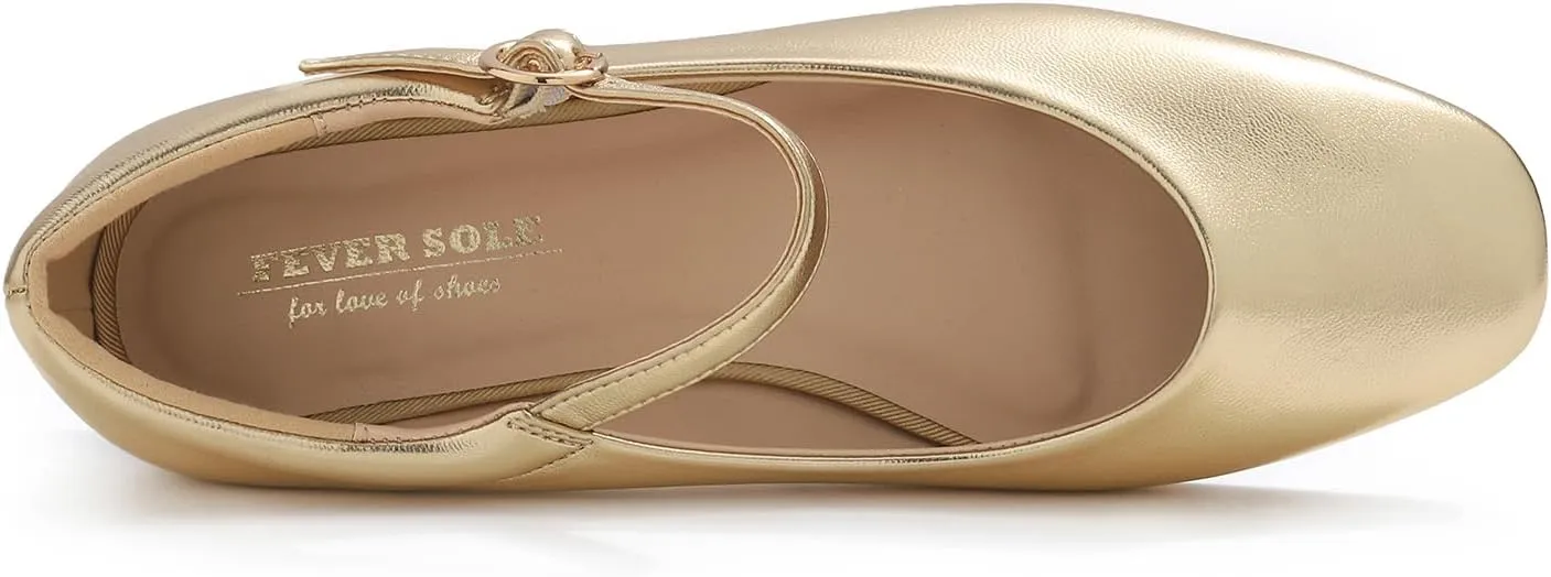 FEVERSOLE Women's Mary Jane Fashion Square Toe Padded Ankle Low Heel Slip On Flats
