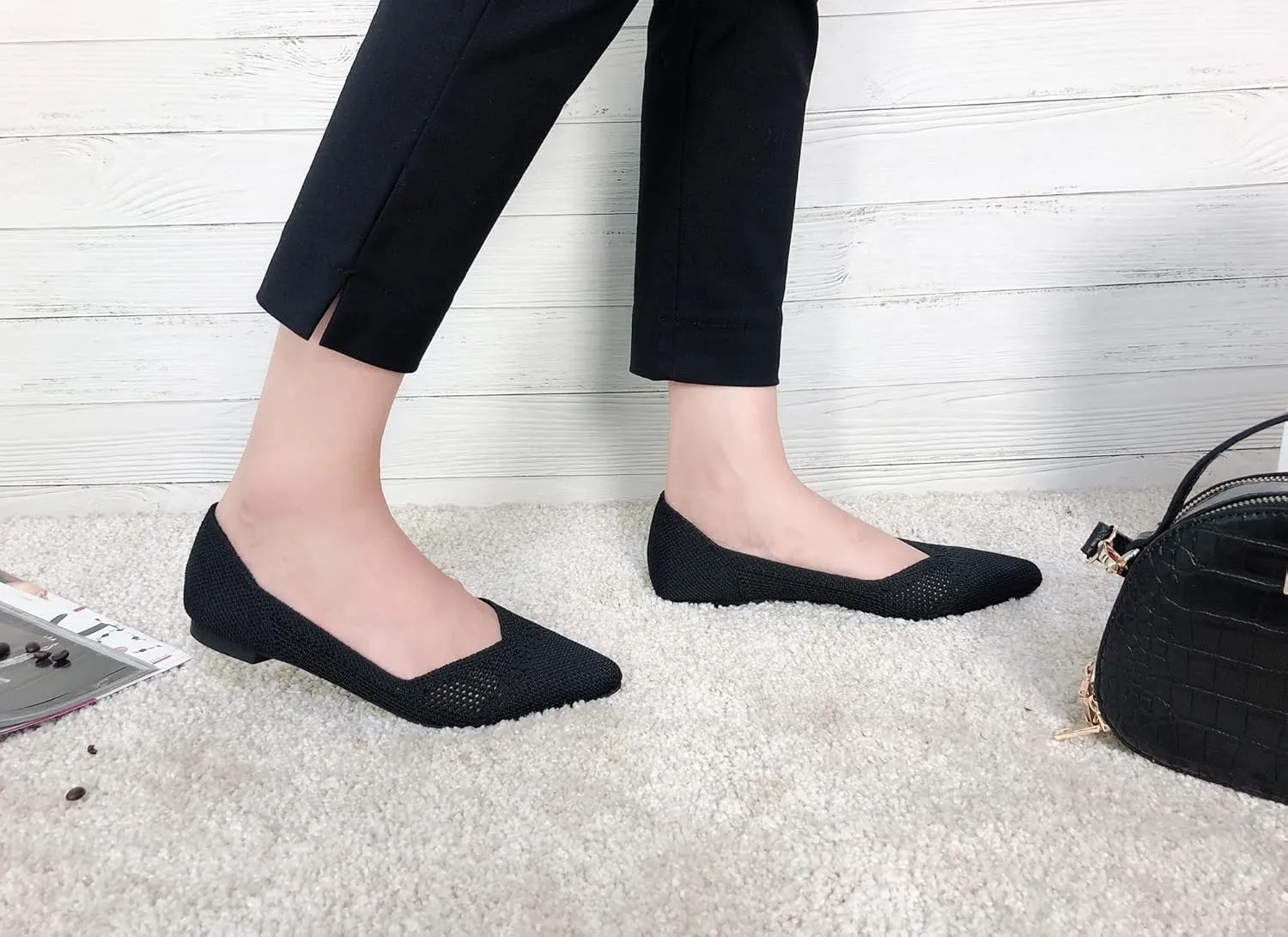 FEVERSOLE Women's Woven Pointy Fashion Cutouts Breathable Knit Flat Shoes