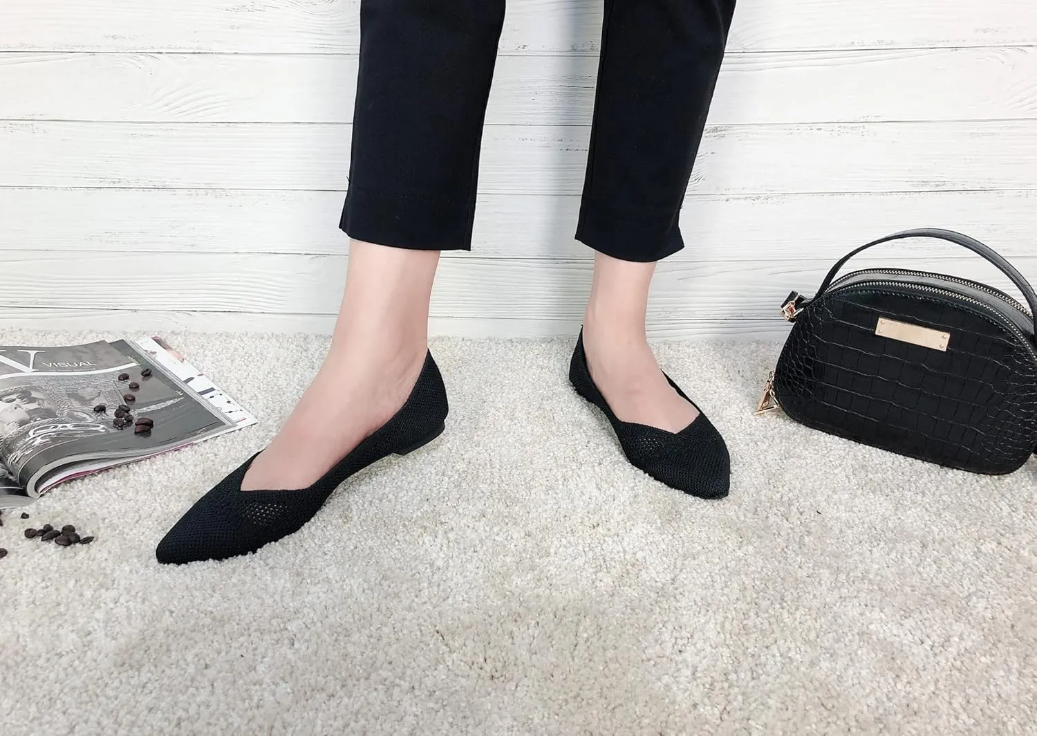FEVERSOLE Women's Woven Pointy Fashion Cutouts Breathable Knit Flat Shoes