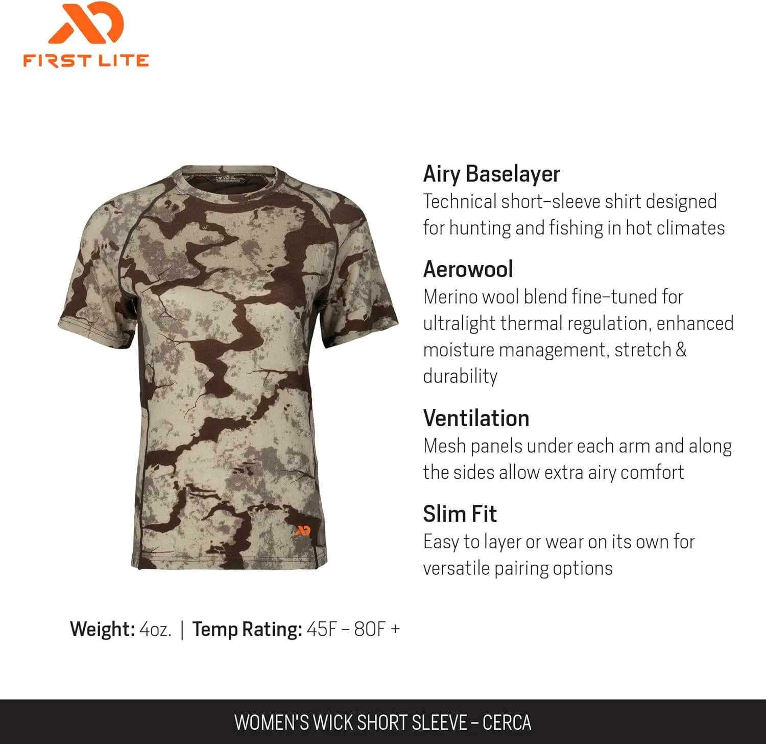 First Lite Women's Wick Short Sleeve Crew Shirt - Ultralight Merino Wool Camo Hunting T-Shirt