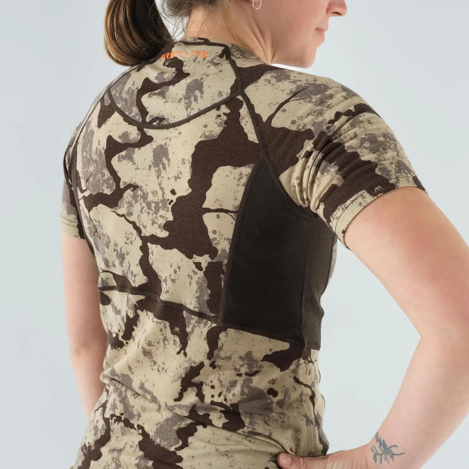 First Lite Women's Wick Short Sleeve Crew Shirt - Ultralight Merino Wool Camo Hunting T-Shirt