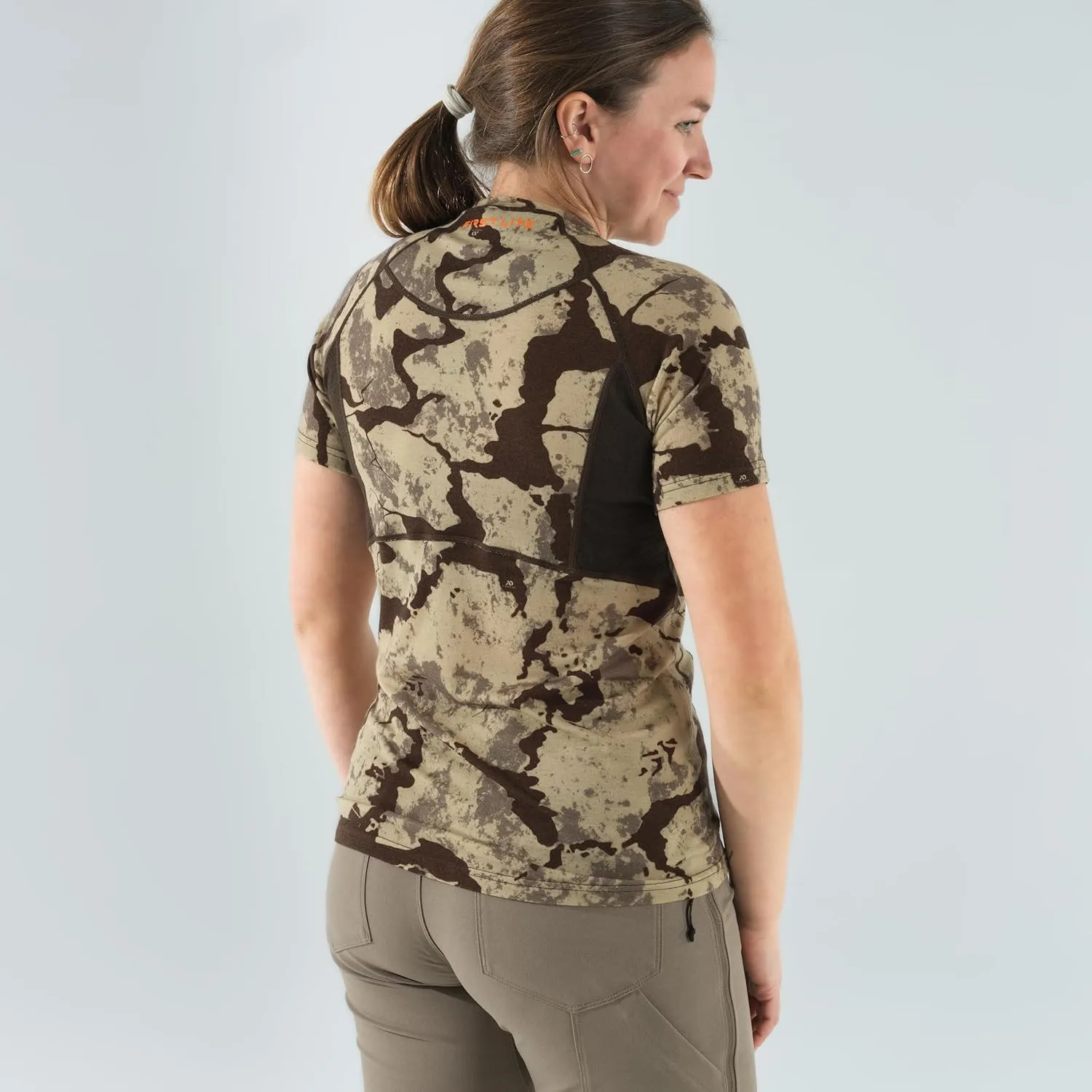 First Lite Women's Wick Short Sleeve Crew Shirt - Ultralight Merino Wool Camo Hunting T-Shirt