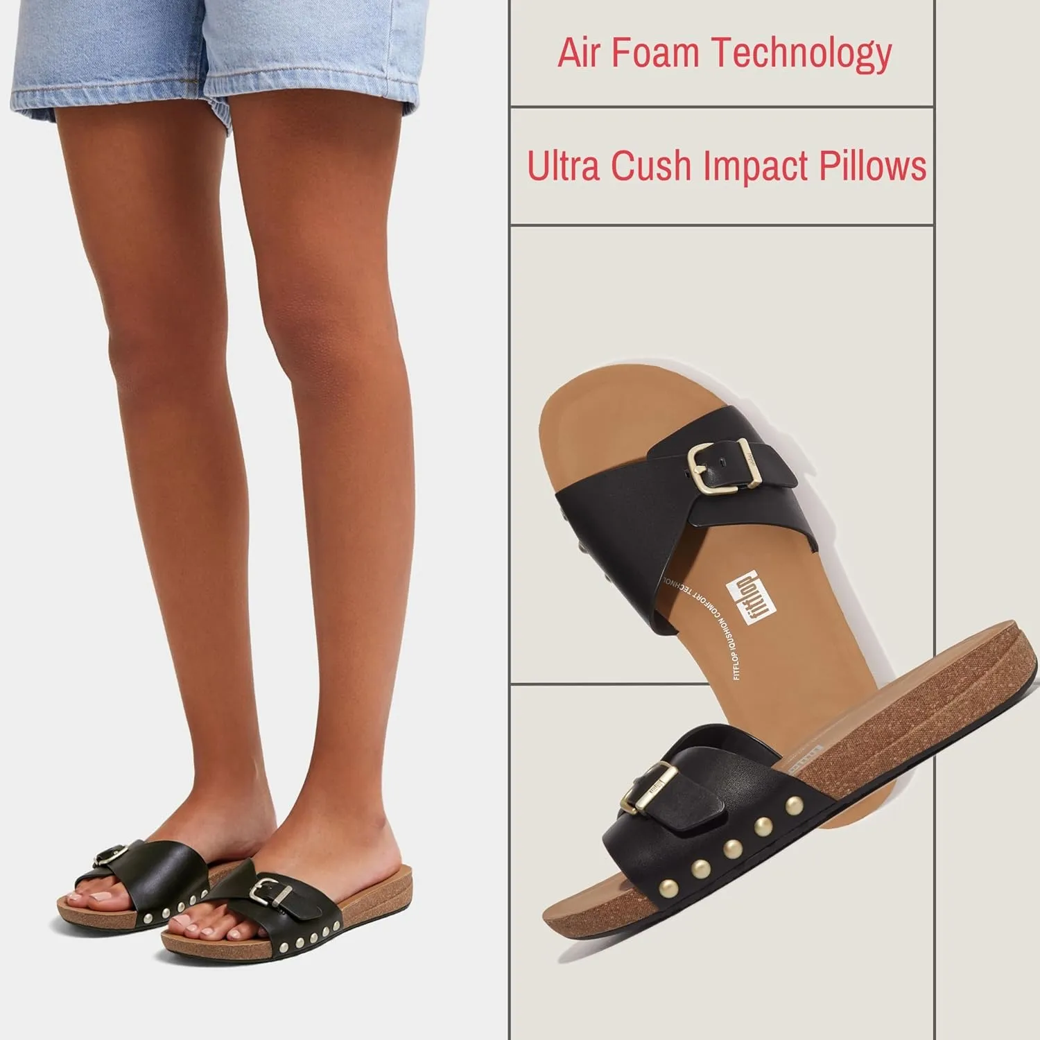 FitFlop Women's Iqushion Adjustable Buckle Leather Slides Wedge Sandal
