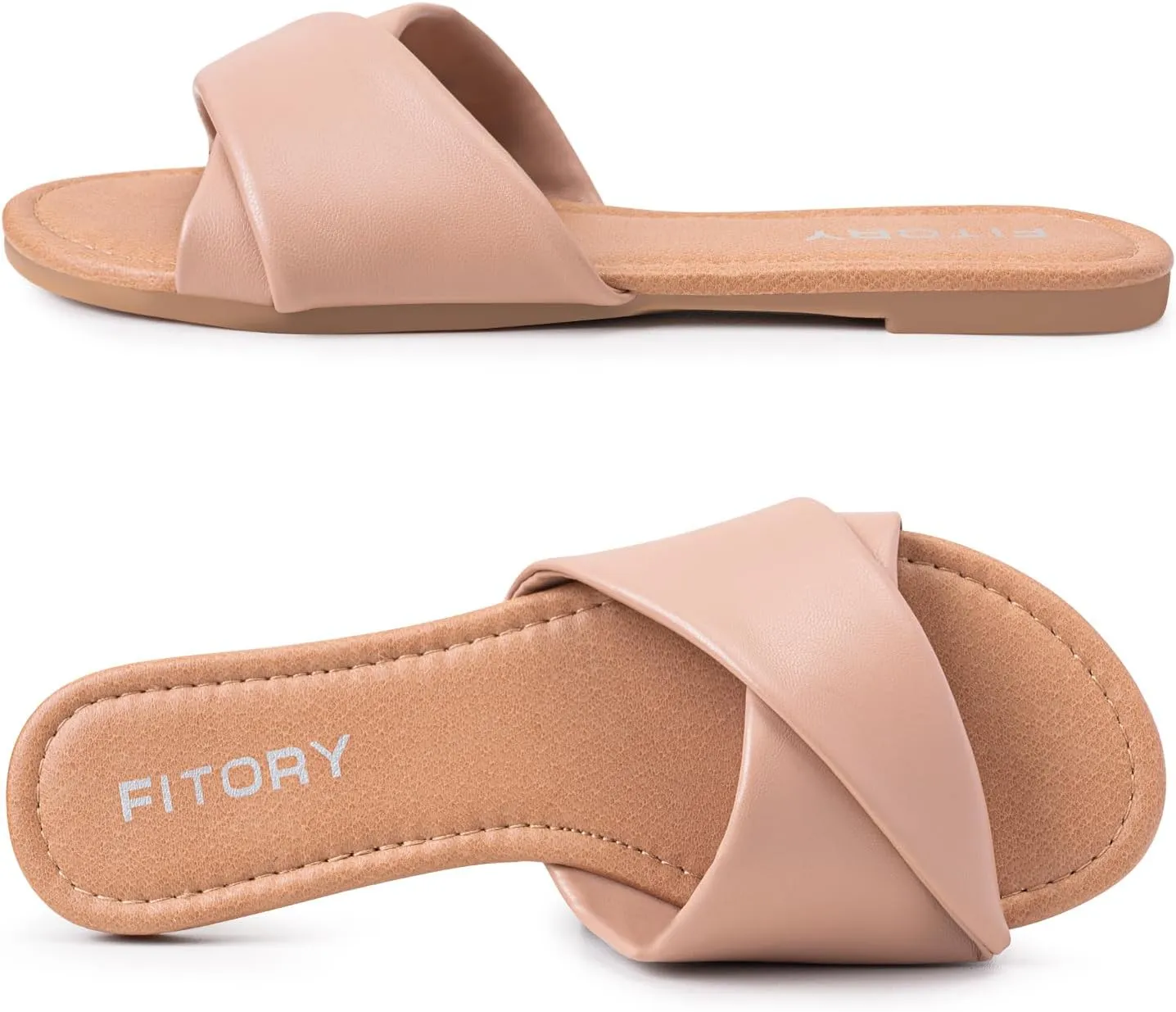 FITORY Women's Flat Sandals Fashion Slides With Soft Leather Slippers for Summer Size 6-11