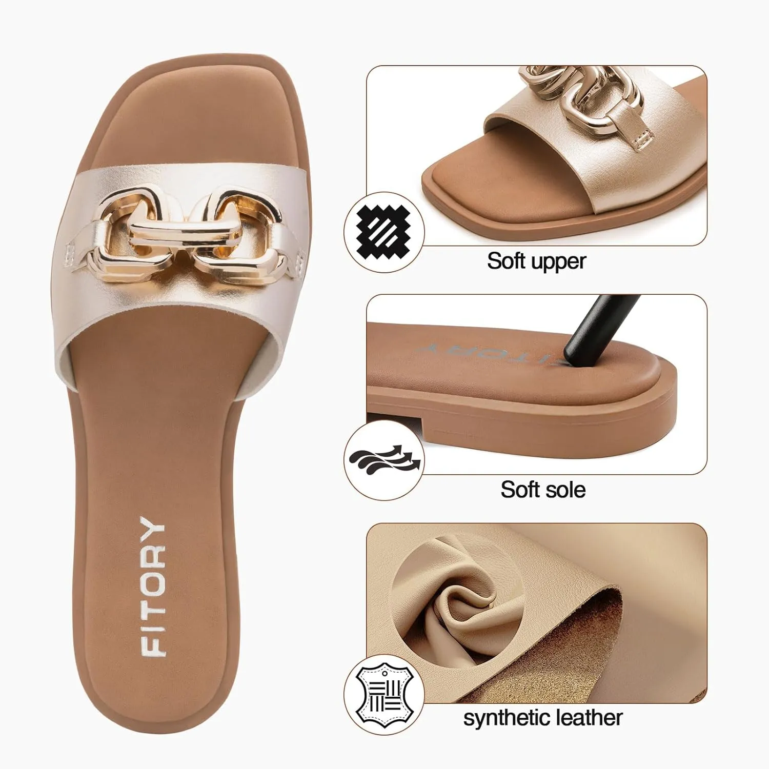 FITORY Women's Flat Sandals Fashion Slides With Soft Leather Slippers for Summer Size 6-11