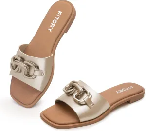 FITORY Women's Flat Sandals Fashion Slides With Soft Leather Slippers for Summer Size 6-11