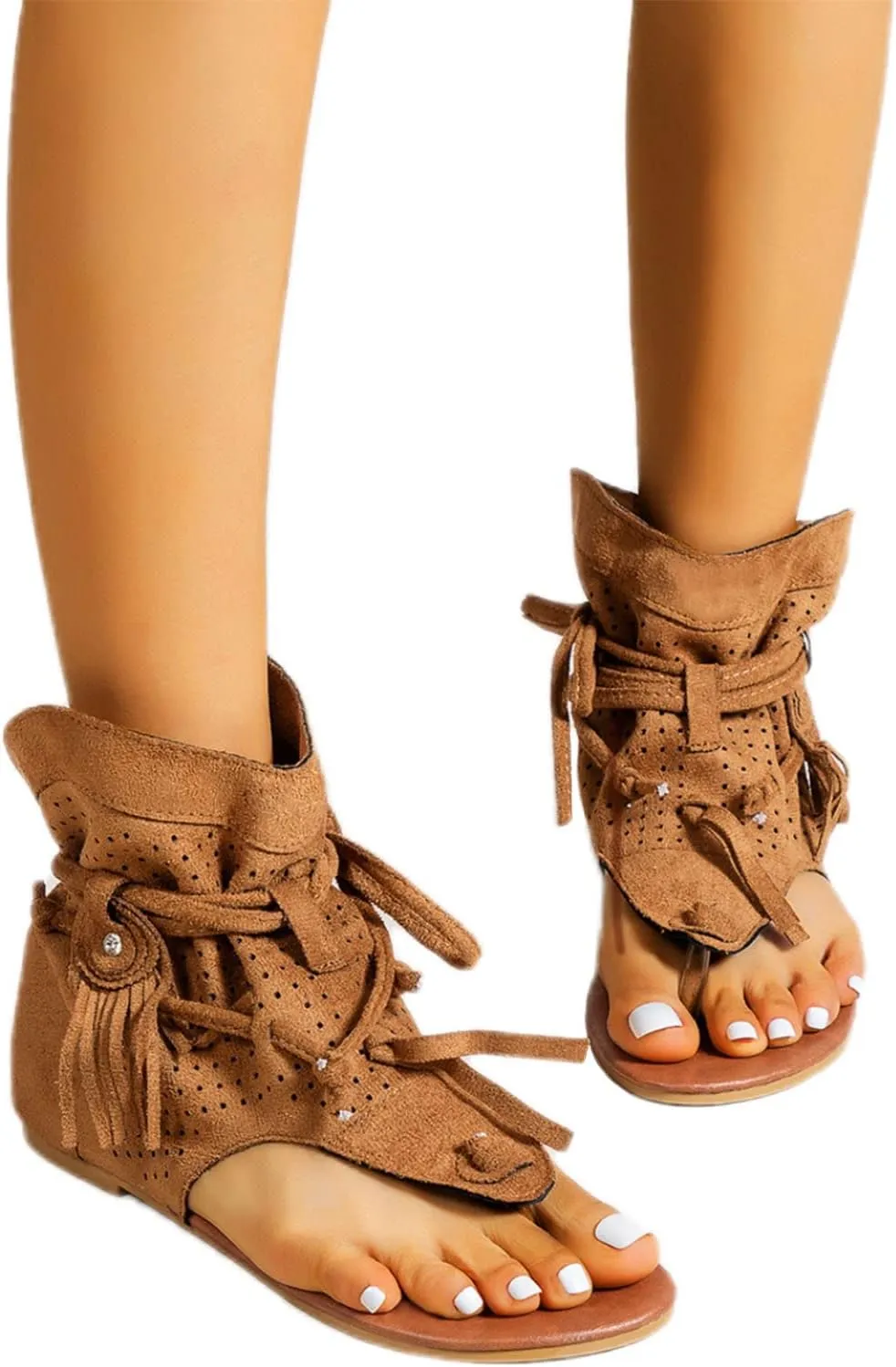 Flat Tassel Gladiator Sandals for Women Casual Summer Bohemian Back Strappy Fringe Sandals Dressy Flip Flops Thong Sandals