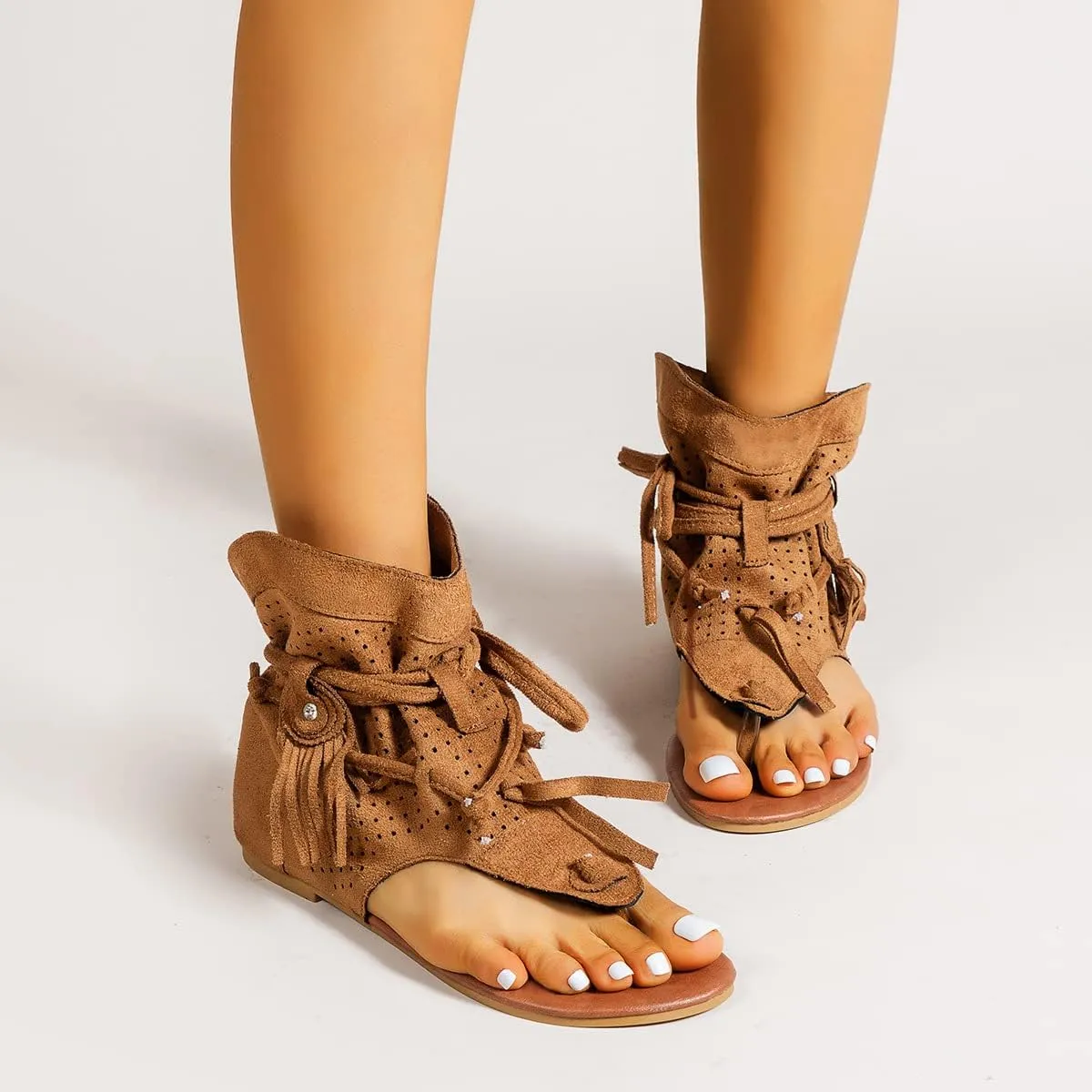 Flat Tassel Gladiator Sandals for Women Casual Summer Bohemian Back Strappy Fringe Sandals Dressy Flip Flops Thong Sandals