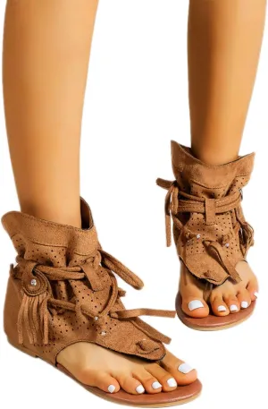 Flat Tassel Gladiator Sandals for Women Casual Summer Bohemian Back Strappy Fringe Sandals Dressy Flip Flops Thong Sandals