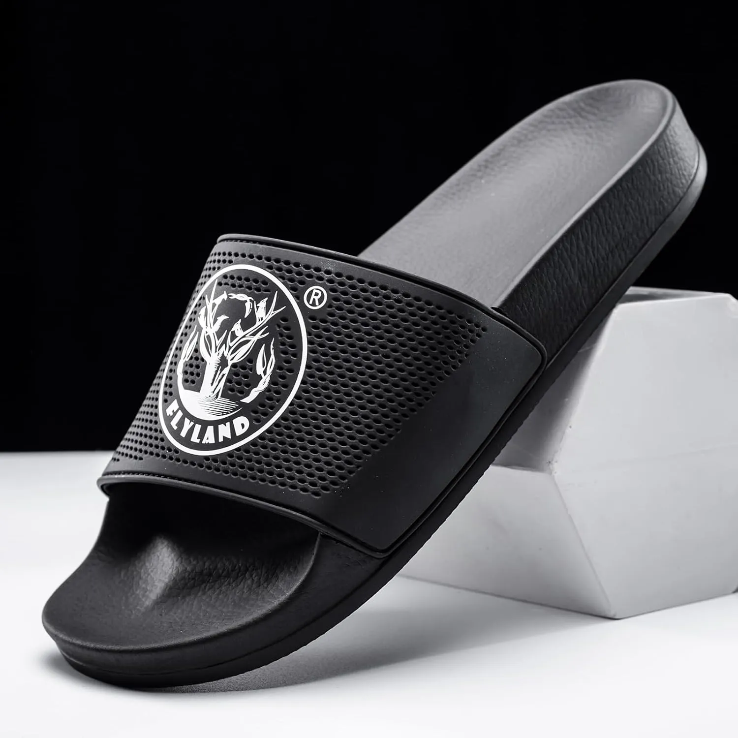 FLYLAND Men's Open Toe Slide Sandals Non-Slip Flat Slippers Outdoor Soft Comfort Fit & Arch Support