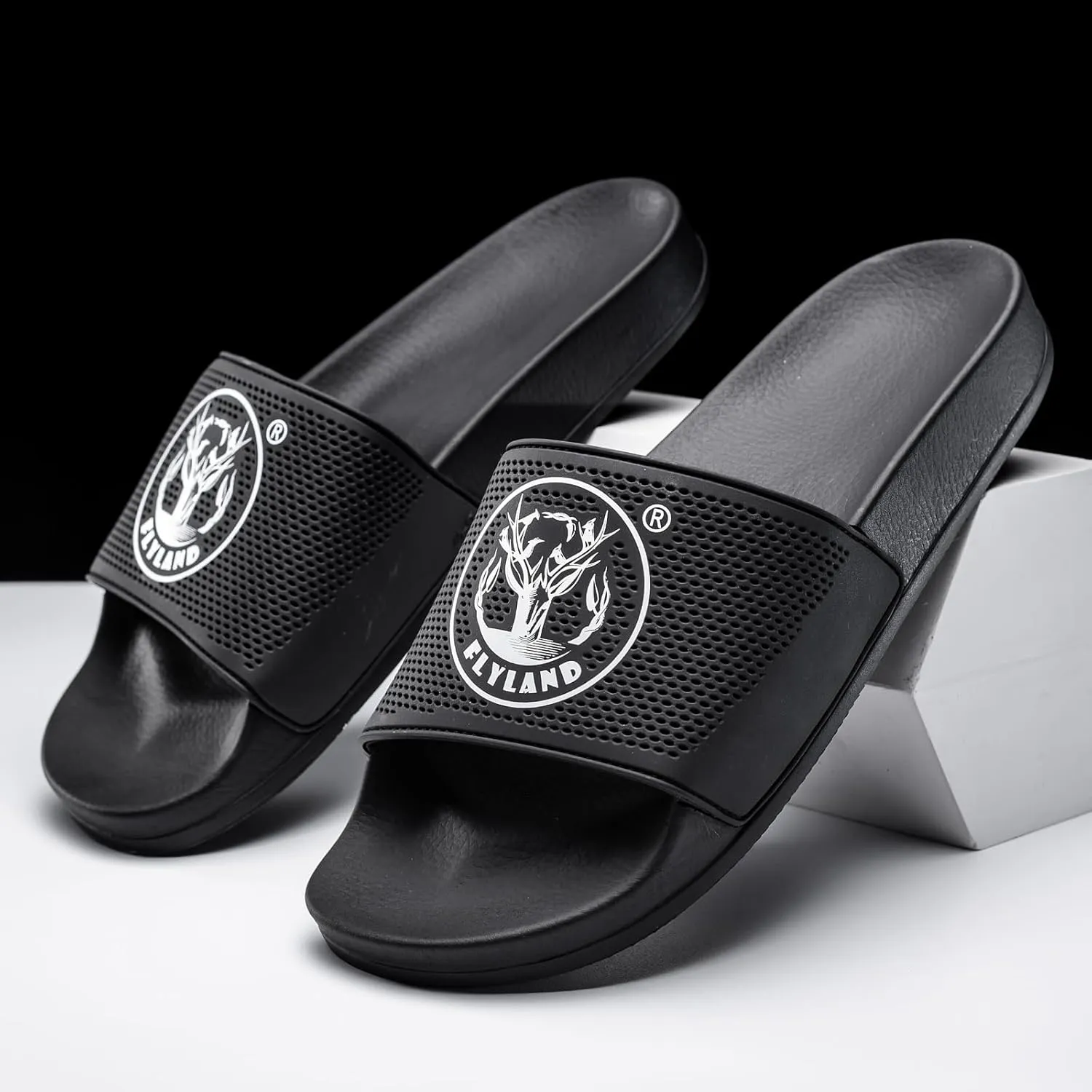 FLYLAND Men's Open Toe Slide Sandals Non-Slip Flat Slippers Outdoor Soft Comfort Fit & Arch Support