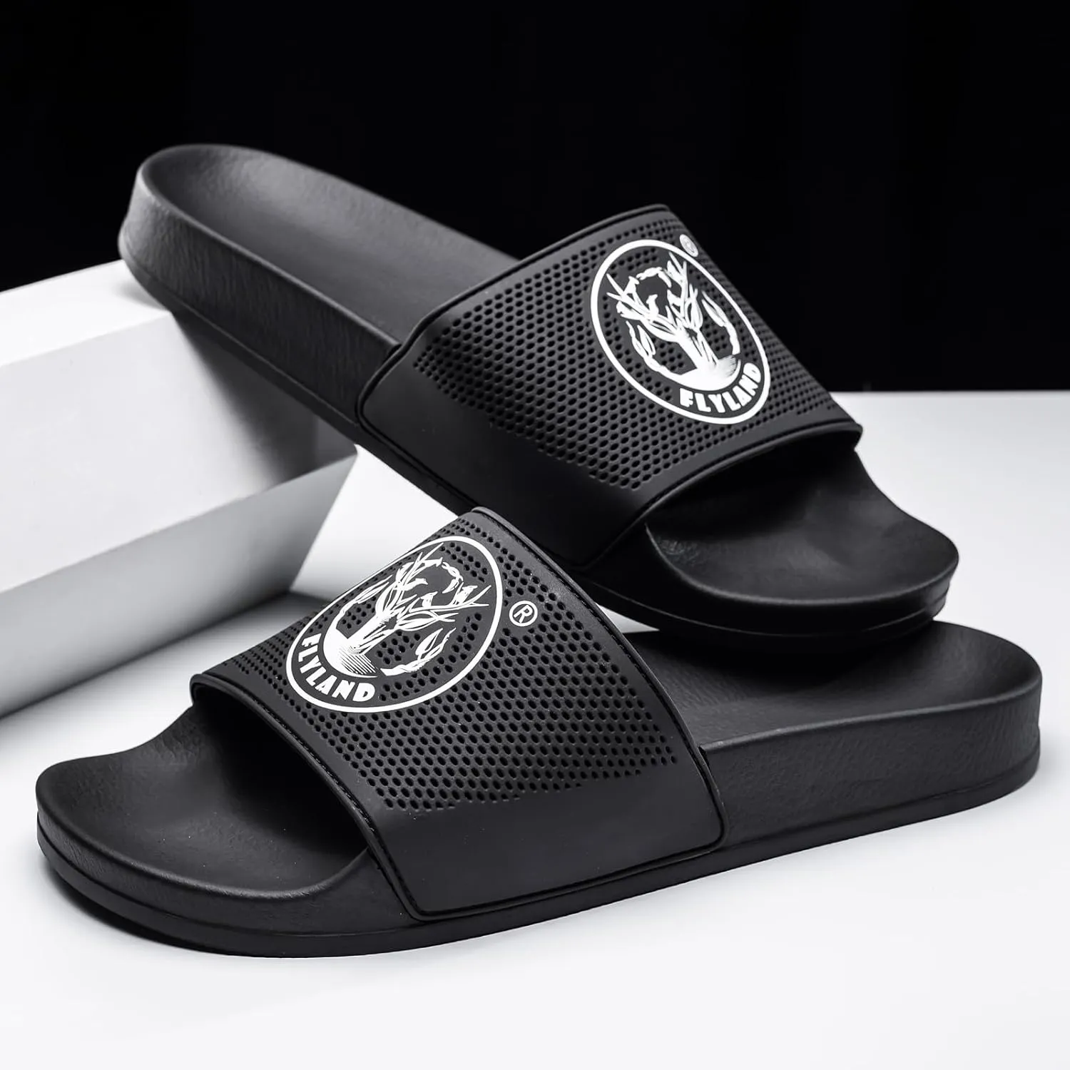 FLYLAND Men's Open Toe Slide Sandals Non-Slip Flat Slippers Outdoor Soft Comfort Fit & Arch Support