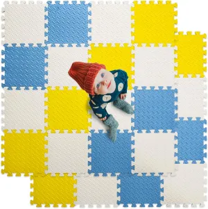 Foam Floor Mats for Kids, 12 x 12 Inch 16 Tiles 0.4" Thickness Foam Play Mat, Non-Toxic Square Interlocking Floor Mats Rubber Baby Play Mat for Toddlers(White/Yellow/Gray Blue)