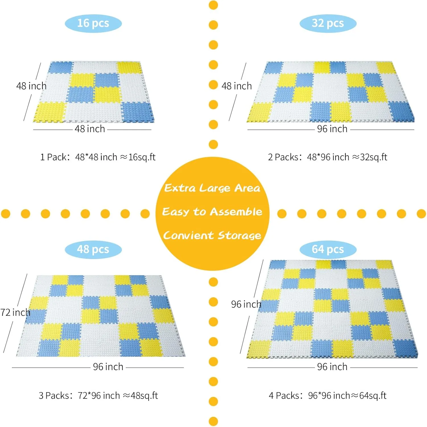 Foam Floor Mats for Kids, 12 x 12 Inch 16 Tiles 0.4" Thickness Foam Play Mat, Non-Toxic Square Interlocking Floor Mats Rubber Baby Play Mat for Toddlers(White/Yellow/Gray Blue)