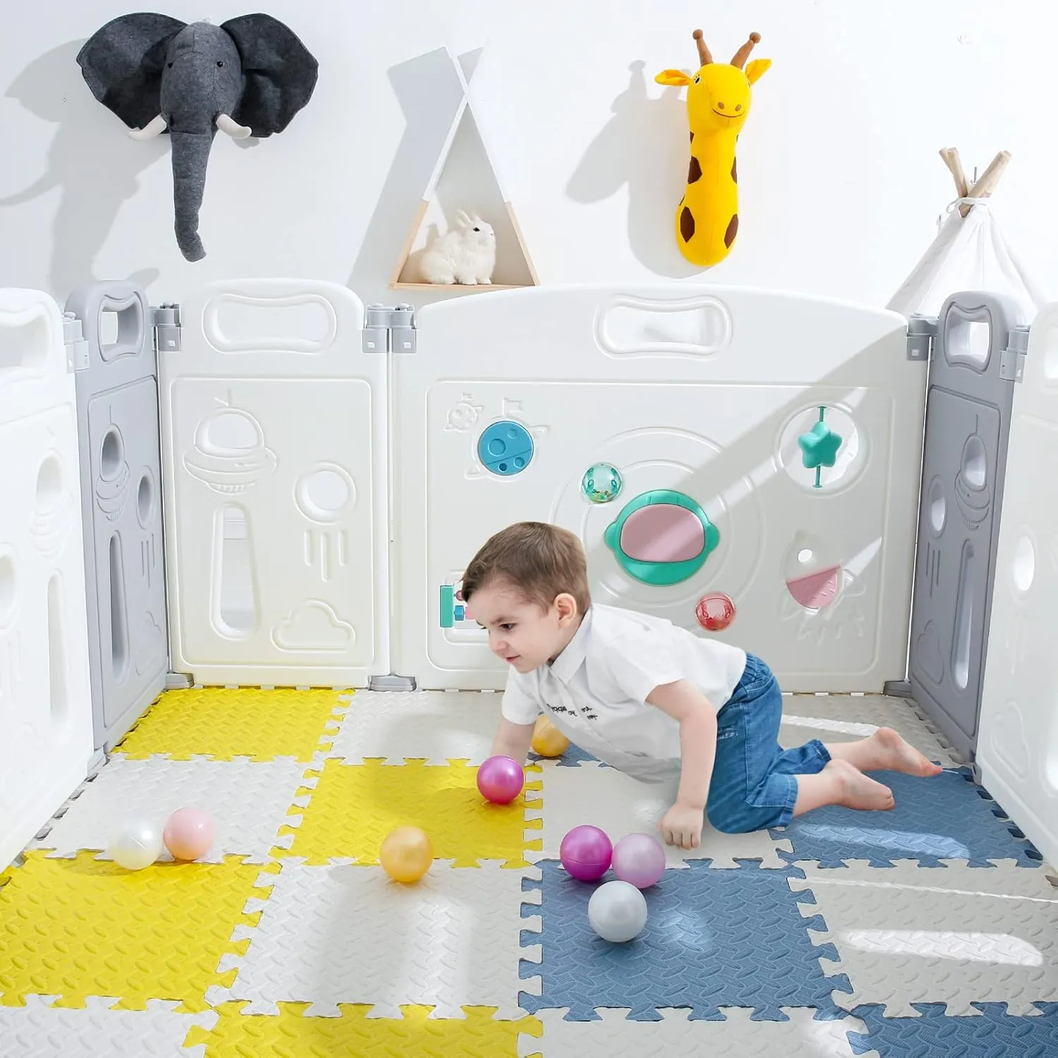 Foam Floor Mats for Kids, 12 x 12 Inch 16 Tiles 0.4" Thickness Foam Play Mat, Non-Toxic Square Interlocking Floor Mats Rubber Baby Play Mat for Toddlers(White/Yellow/Gray Blue)