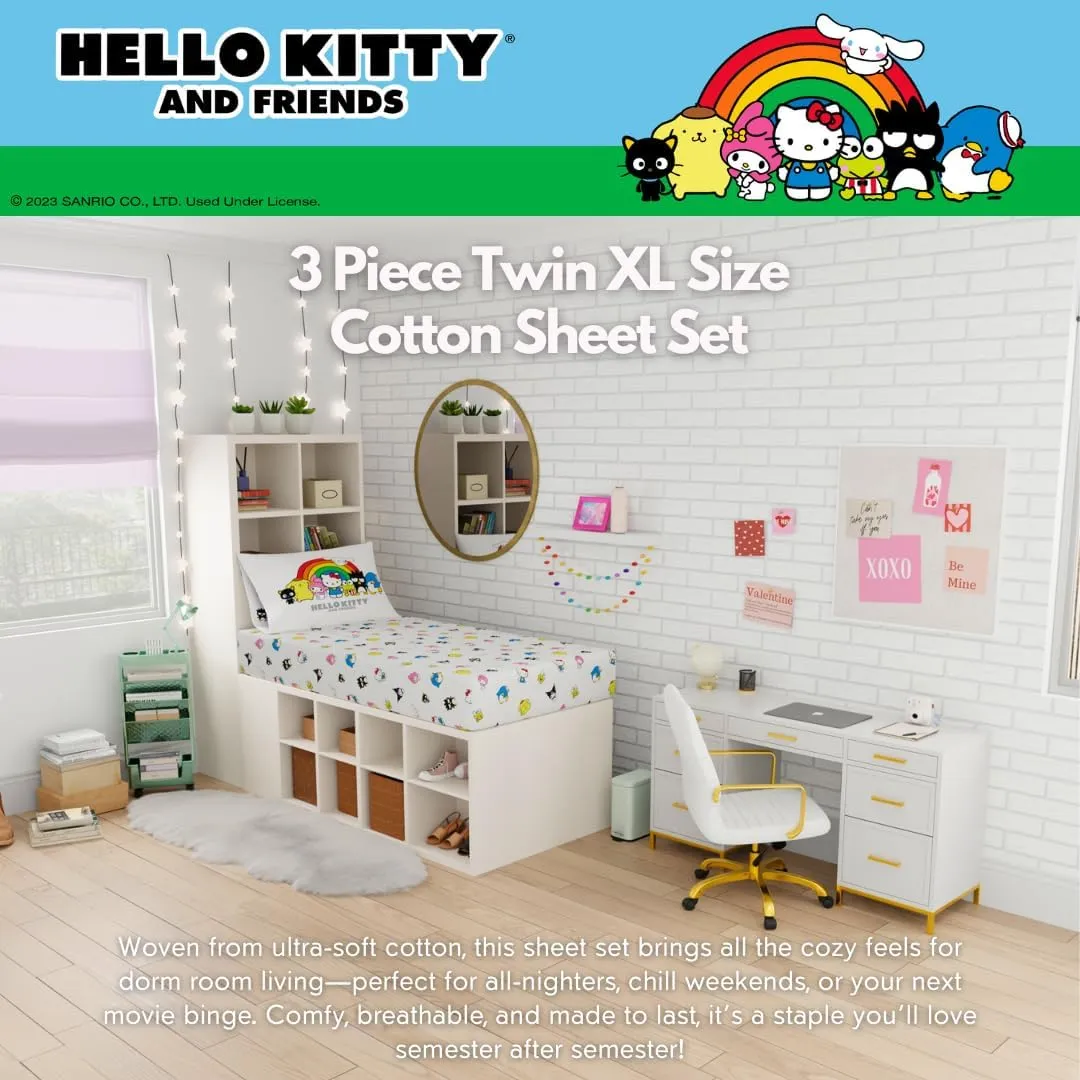 Franco Collectibles Hello Kitty & Friends Bedding Super Soft Cotton 3 Piece Twin XL Sheet Set, College Dorm Essentials, (Officially Licensed Product)