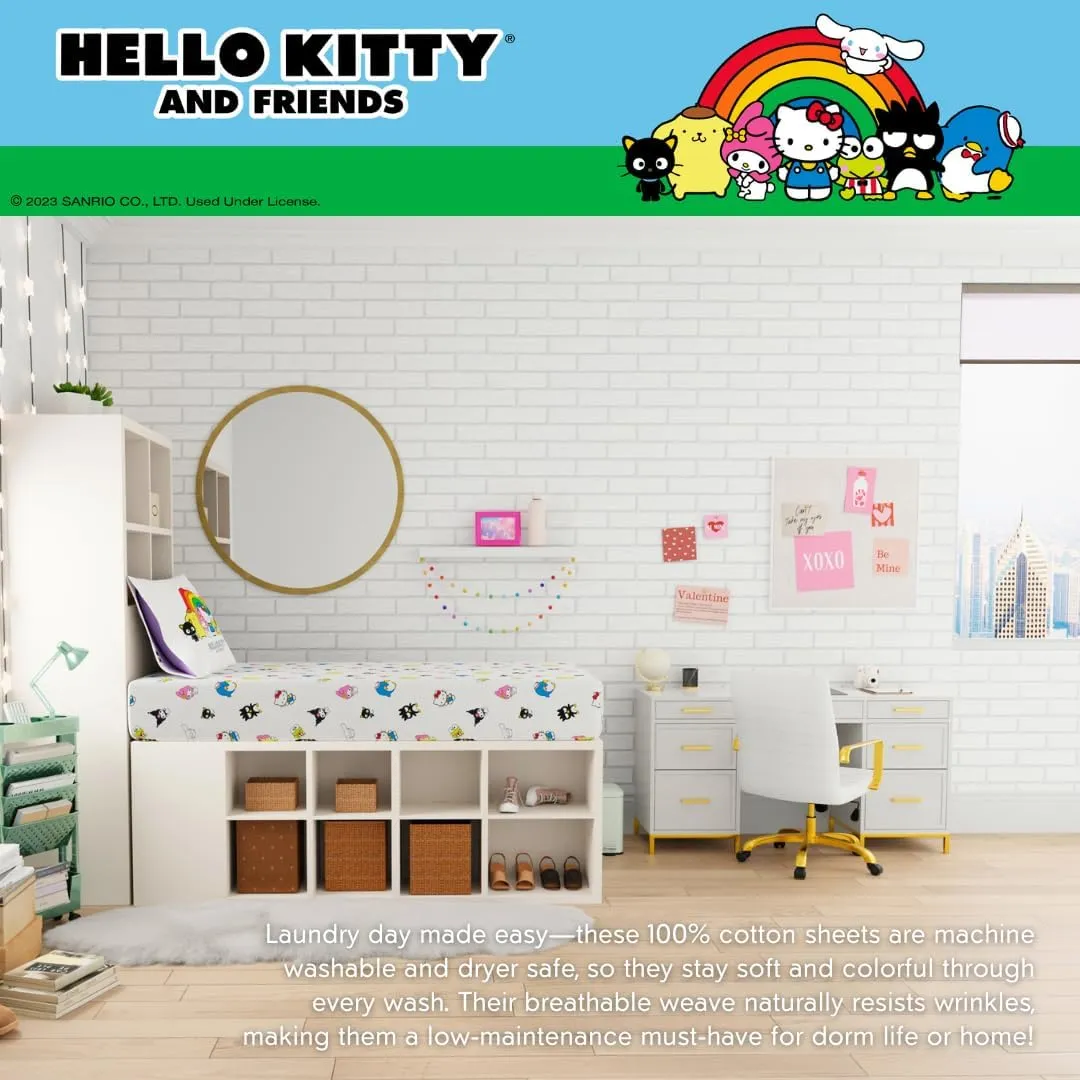Franco Collectibles Hello Kitty & Friends Bedding Super Soft Cotton 3 Piece Twin XL Sheet Set, College Dorm Essentials, (Officially Licensed Product)