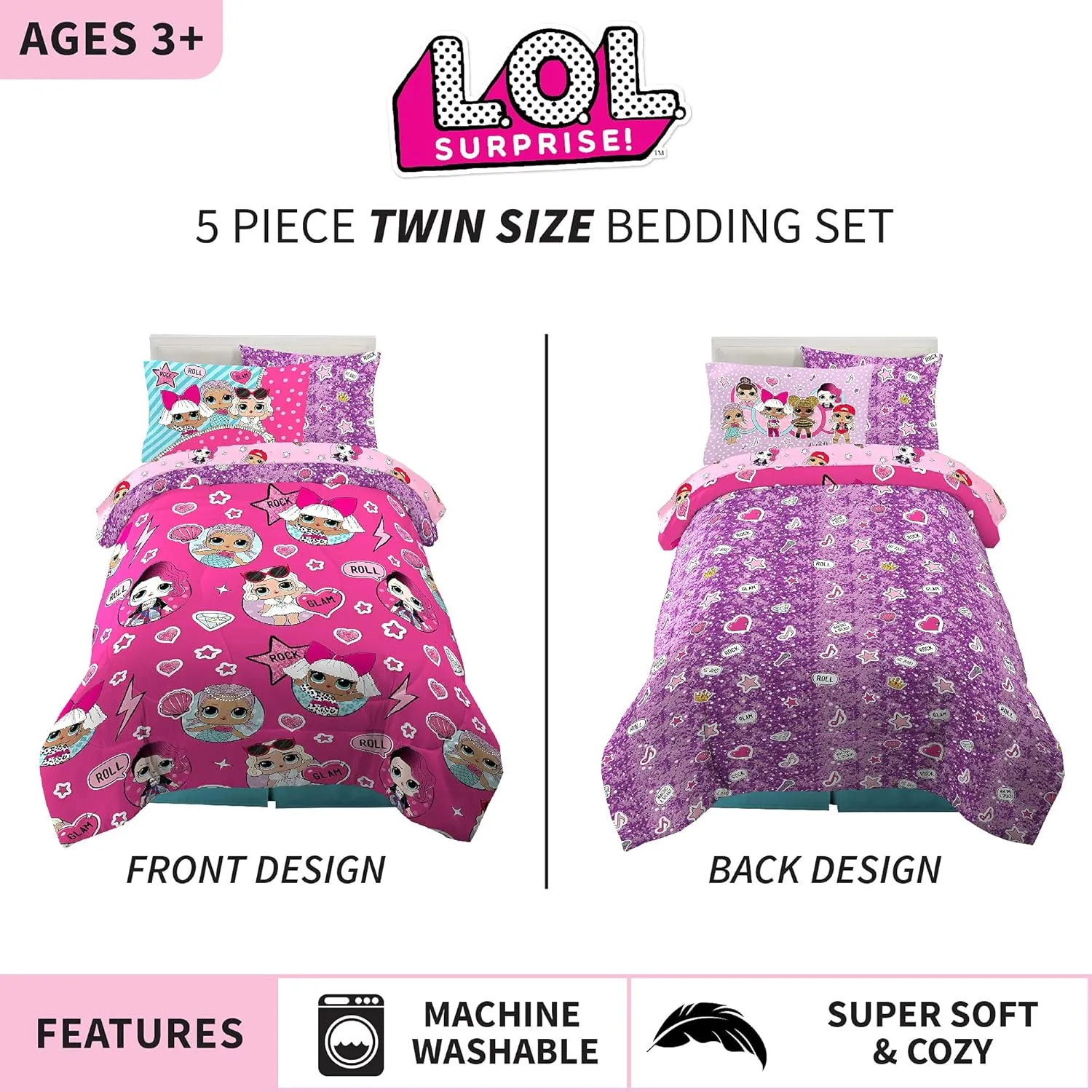 Franco Kids Bedding Super Soft Comforter and Sheet Set with Sham, 5 Piece Twin Size, LOL Surprise
