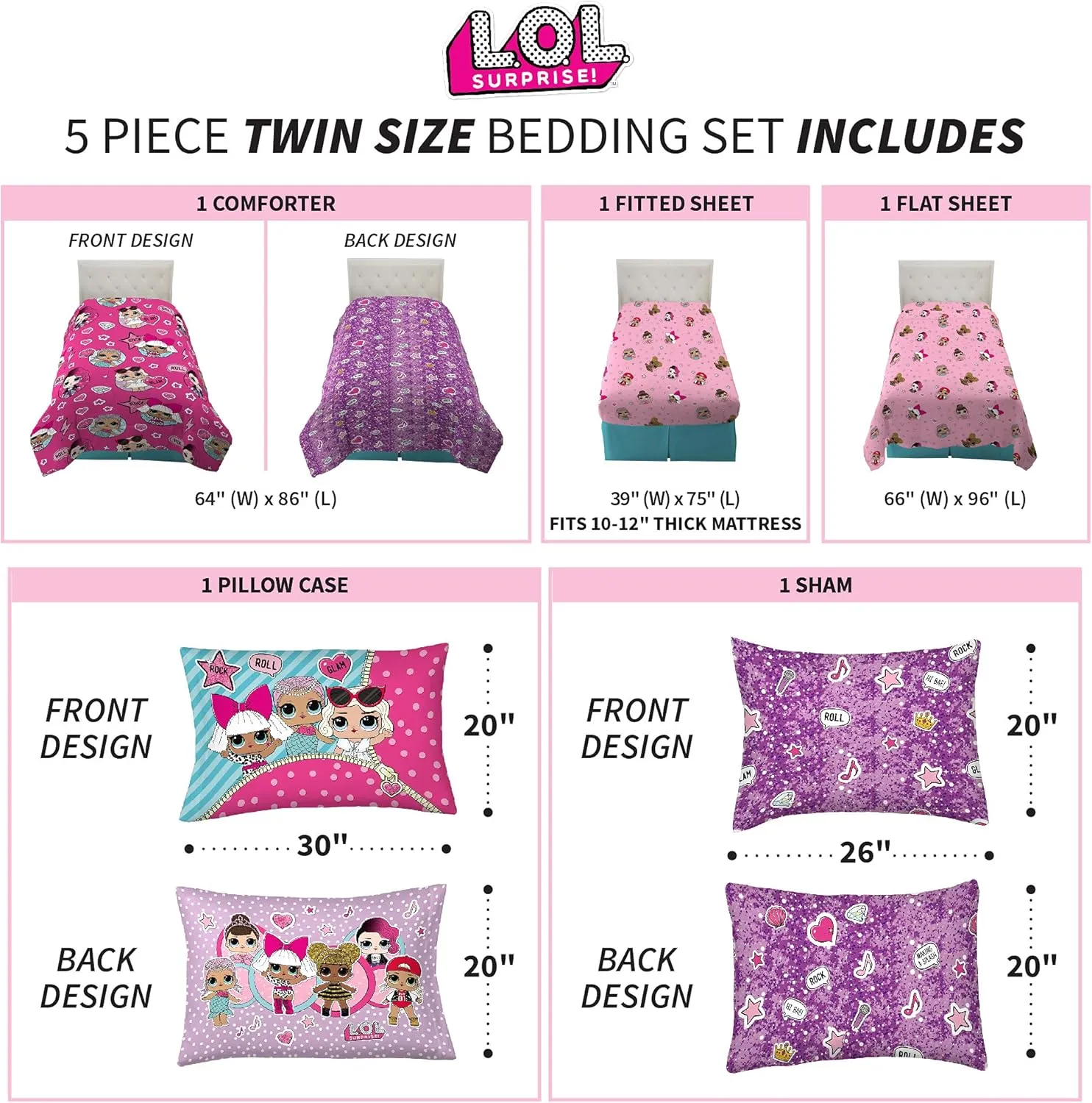 Franco Kids Bedding Super Soft Comforter and Sheet Set with Sham, 5 Piece Twin Size, LOL Surprise