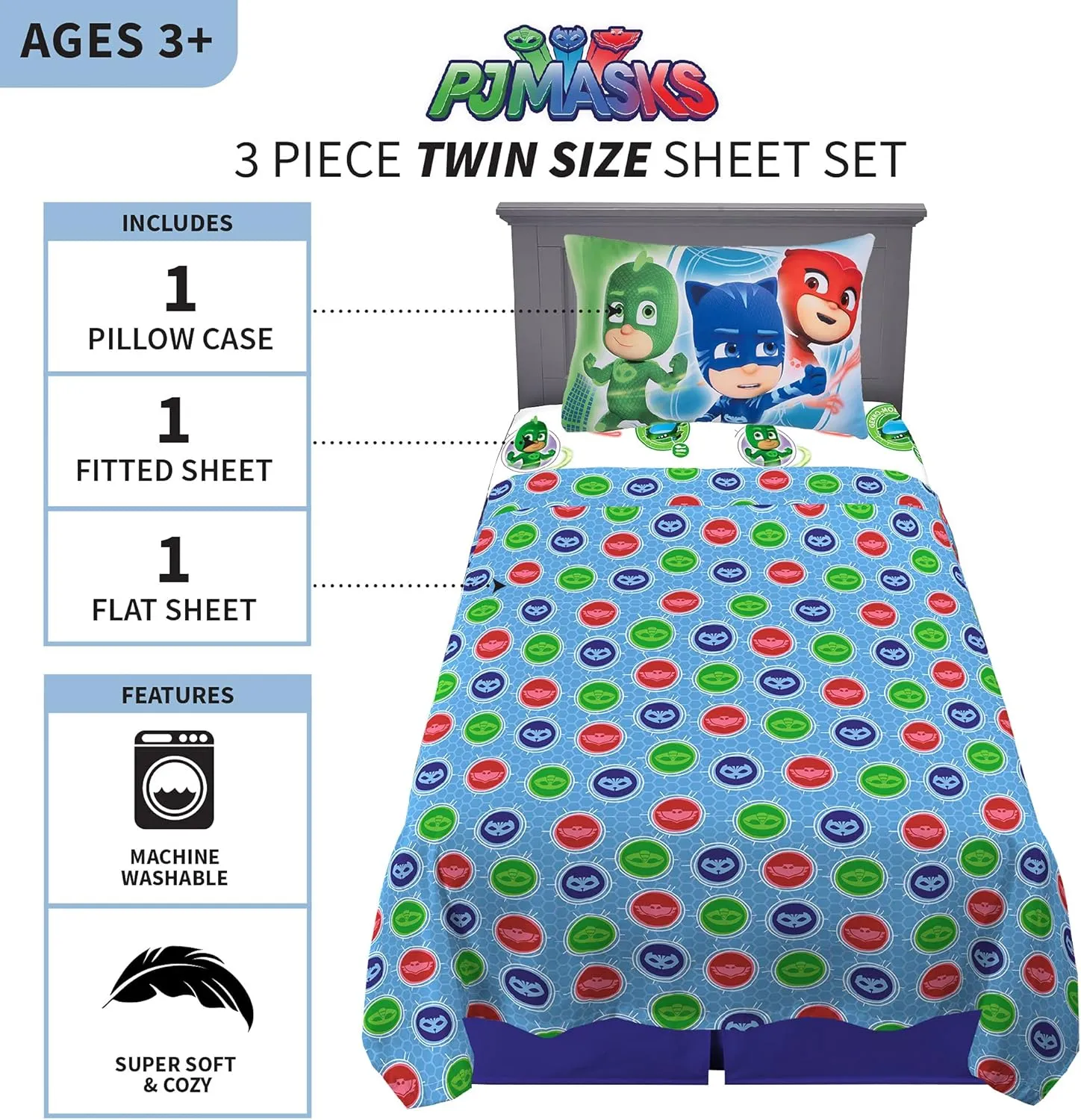 Franco Kids Bedding Super Soft Microfiber Sheet Set, (3 Piece) Twin Size, PJ Masks, MA7908