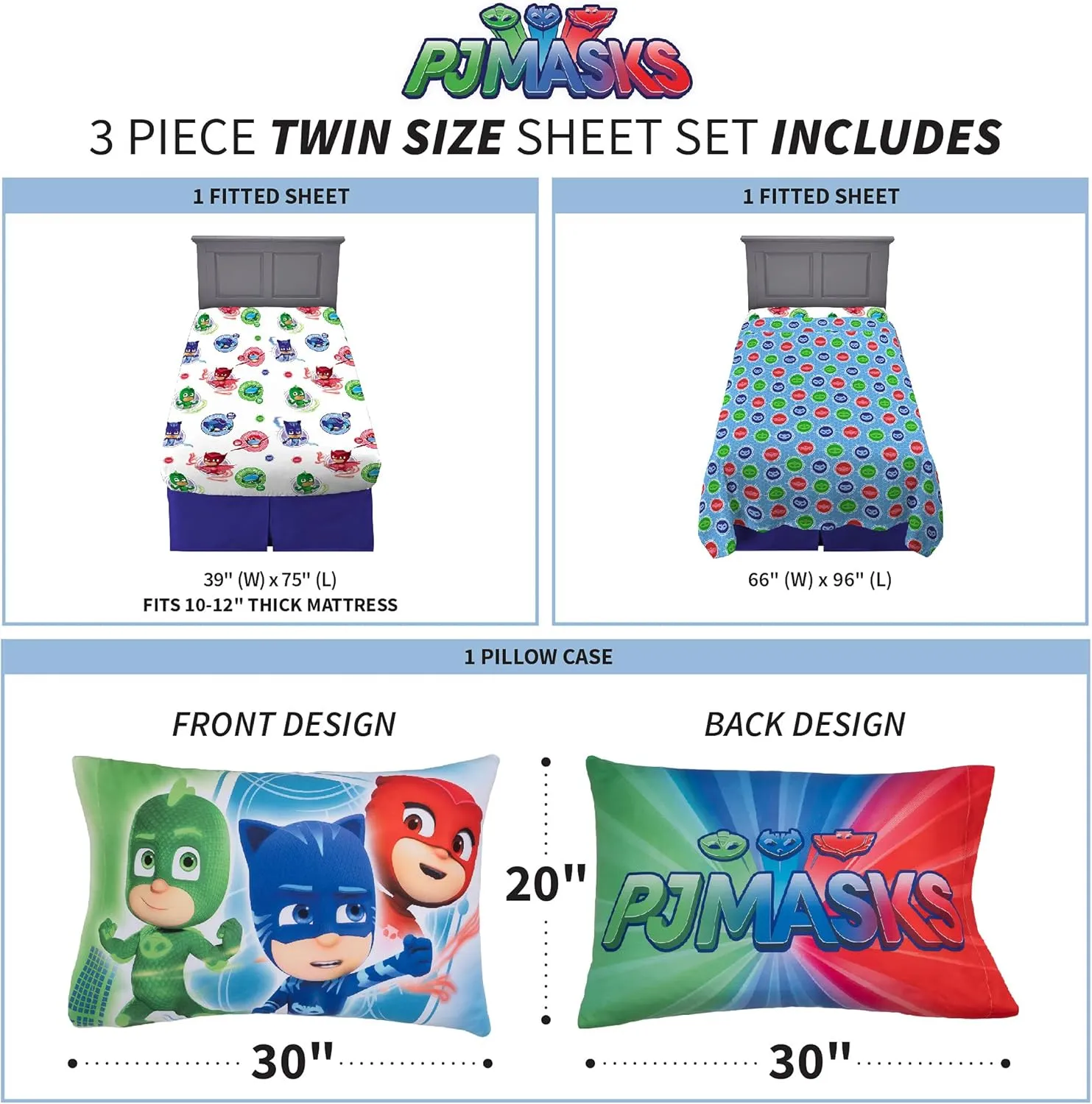 Franco Kids Bedding Super Soft Microfiber Sheet Set, (3 Piece) Twin Size, PJ Masks, MA7908