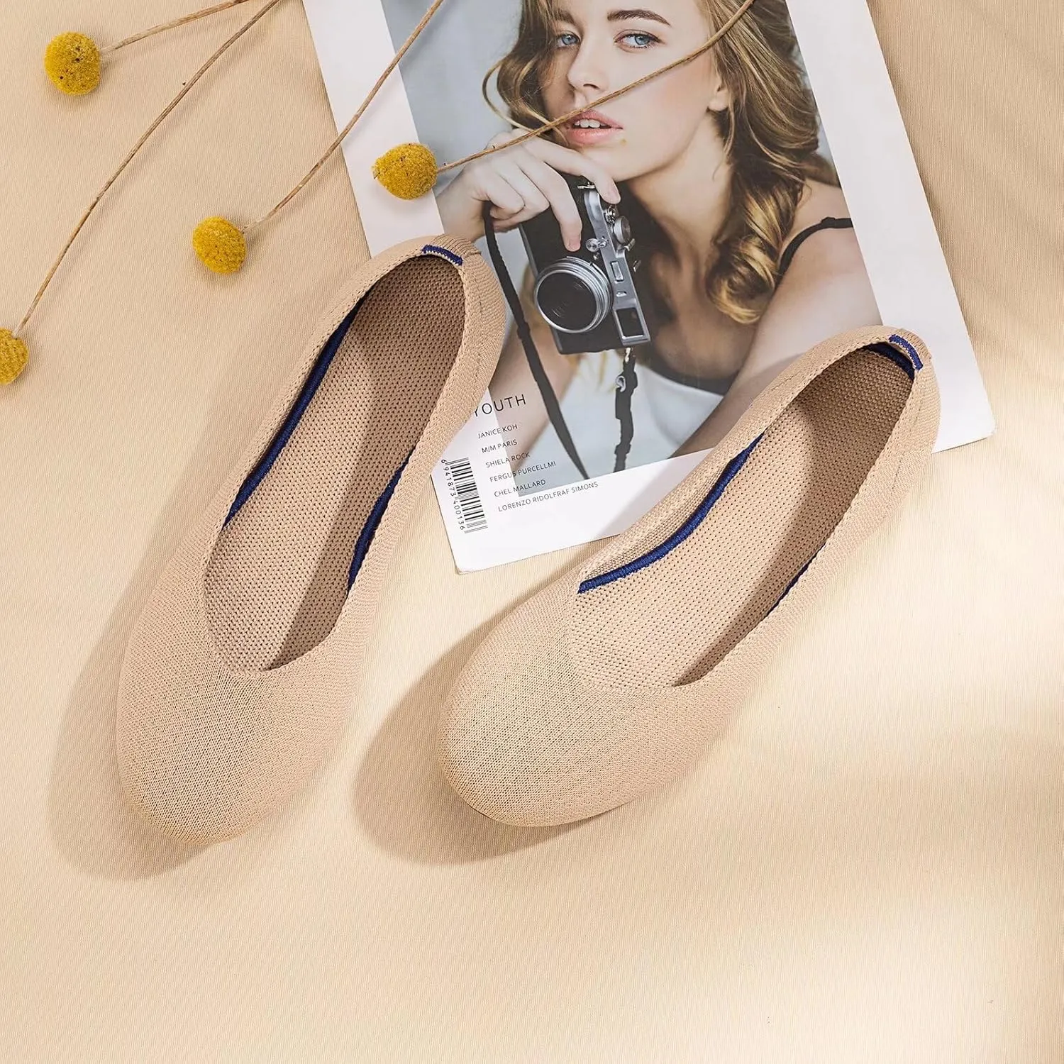Frank Mully Women’s Ballet Flat Shoes Knit Dress Shoes Round Toe Slip On Ballerina Walking Flats Shoes for Woman Low Wedge Comfort Soft