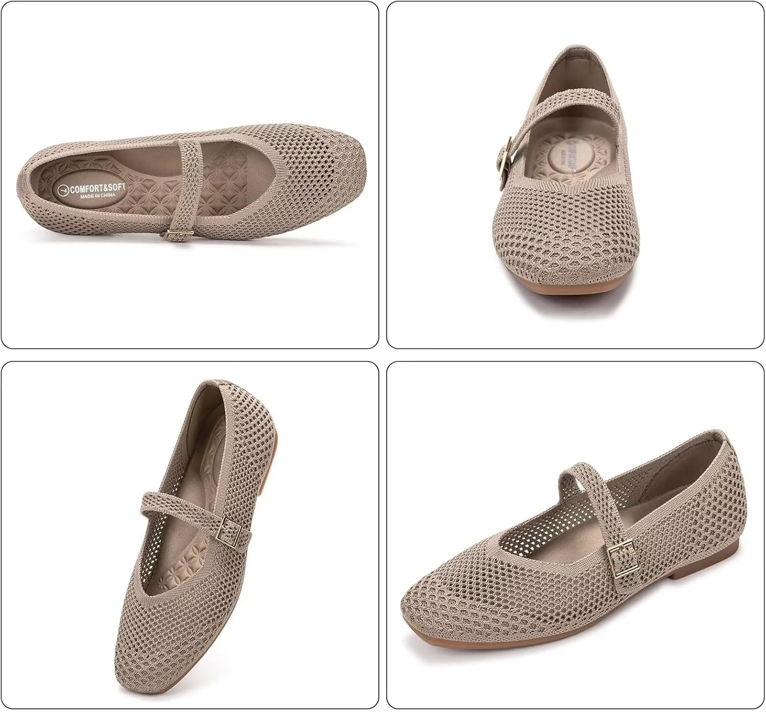 Frank Mully Womens Casual Flat Shoes Square Toe Shoes Knitted Mesh Flat Comfort Work Flat Shoes for Daily Washable