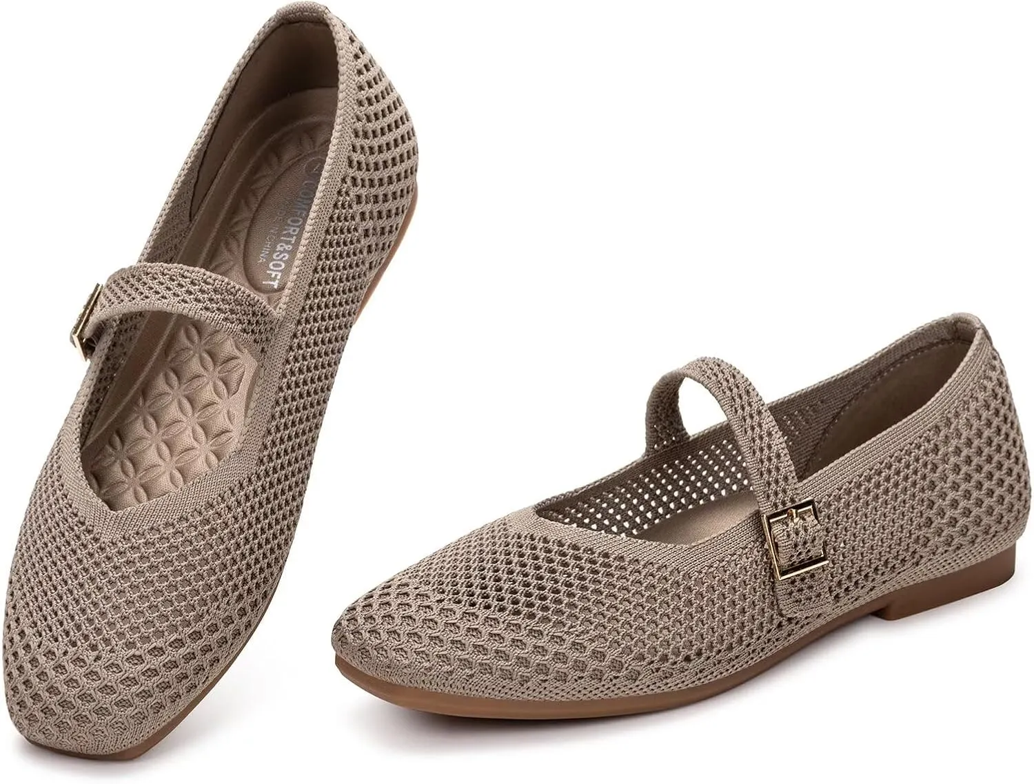 Frank Mully Womens Casual Flat Shoes Square Toe Shoes Knitted Mesh Flat Comfort Work Flat Shoes for Daily Washable