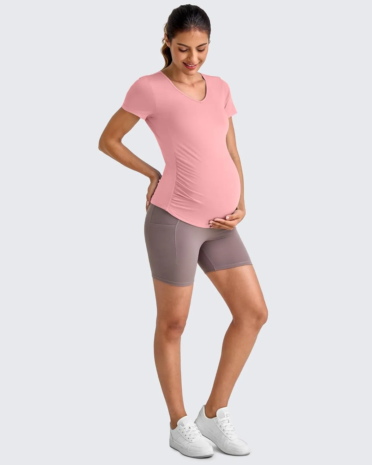 G4Free Lightweight Maternity Shirts Short Sleeve V Neck Pregnancy Workout Tops Side Ruched Stretchy Yoga Lounge Tees
