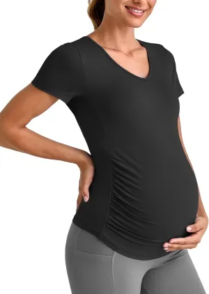 G4Free Lightweight Maternity Shirts Short Sleeve V Neck Pregnancy Workout Tops Side Ruched Stretchy Yoga Lounge Tees