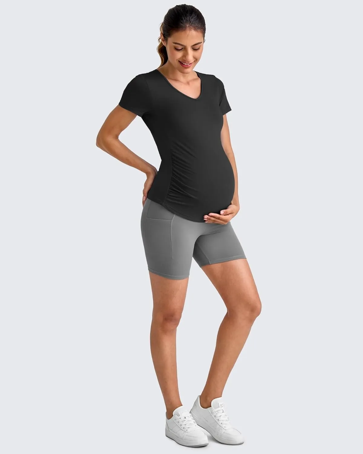 G4Free Lightweight Maternity Shirts Short Sleeve V Neck Pregnancy Workout Tops Side Ruched Stretchy Yoga Lounge Tees