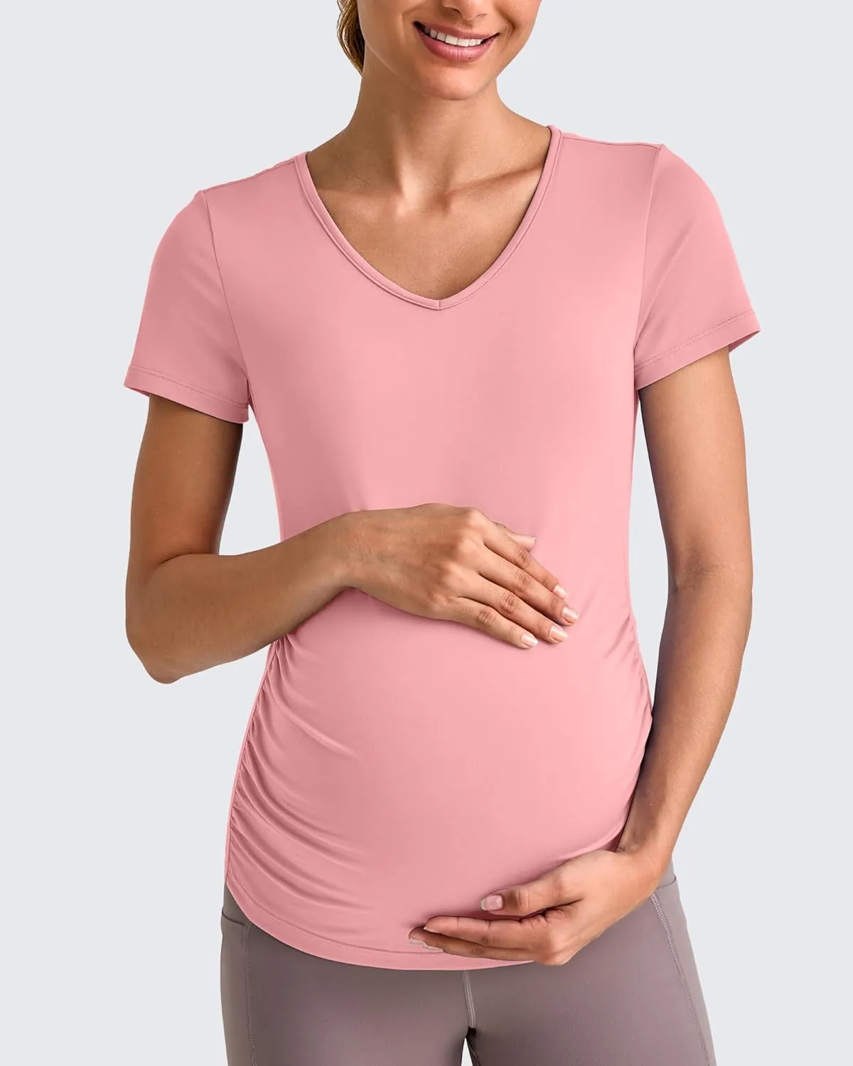 G4Free Lightweight Maternity Shirts Short Sleeve V Neck Pregnancy Workout Tops Side Ruched Stretchy Yoga Lounge Tees