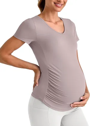 G4Free Lightweight Maternity Shirts Short Sleeve V Neck Pregnancy Workout Tops Side Ruched Stretchy Yoga Lounge Tees