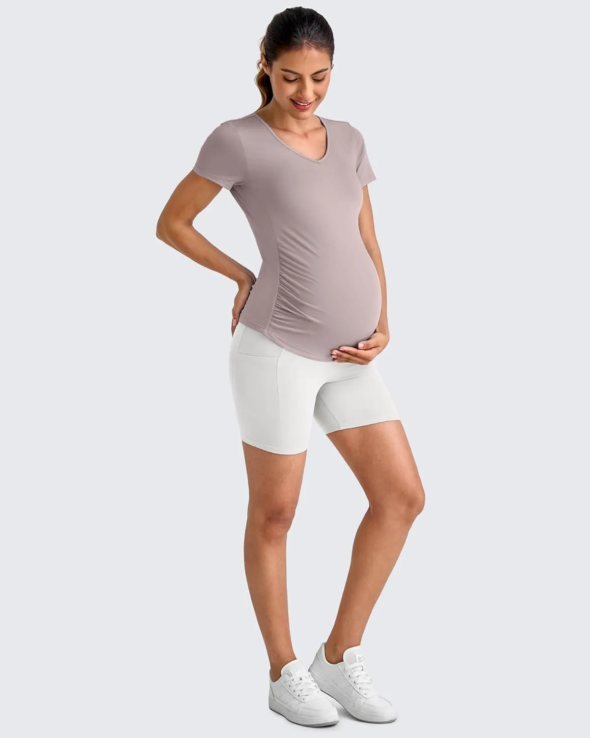 G4Free Lightweight Maternity Shirts Short Sleeve V Neck Pregnancy Workout Tops Side Ruched Stretchy Yoga Lounge Tees