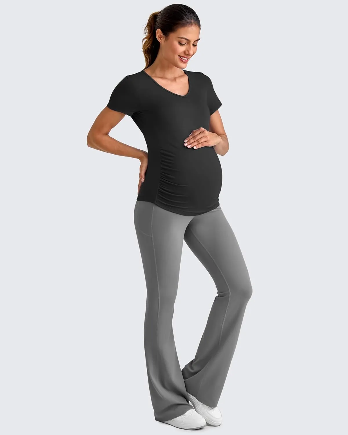 G4Free Lightweight Maternity Shirts Short Sleeve V Neck Pregnancy Workout Tops Side Ruched Stretchy Yoga Lounge Tees